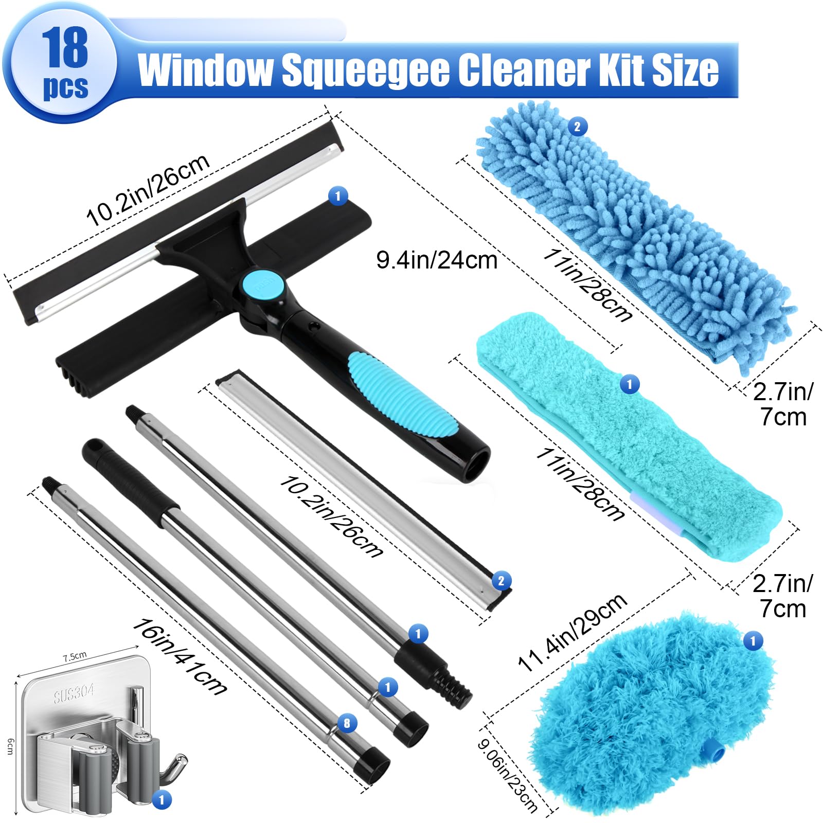 4-in-1 Teleskop Fensterwischer Set – Ausziehbar bis 4m, 360° Drehbarer Kopf, Mikrofasertuchbürsten, Stauber & Gummischaber, Fensterputzer Set für Fenster, Dusche, Auto und Glasreinigung (Blau)