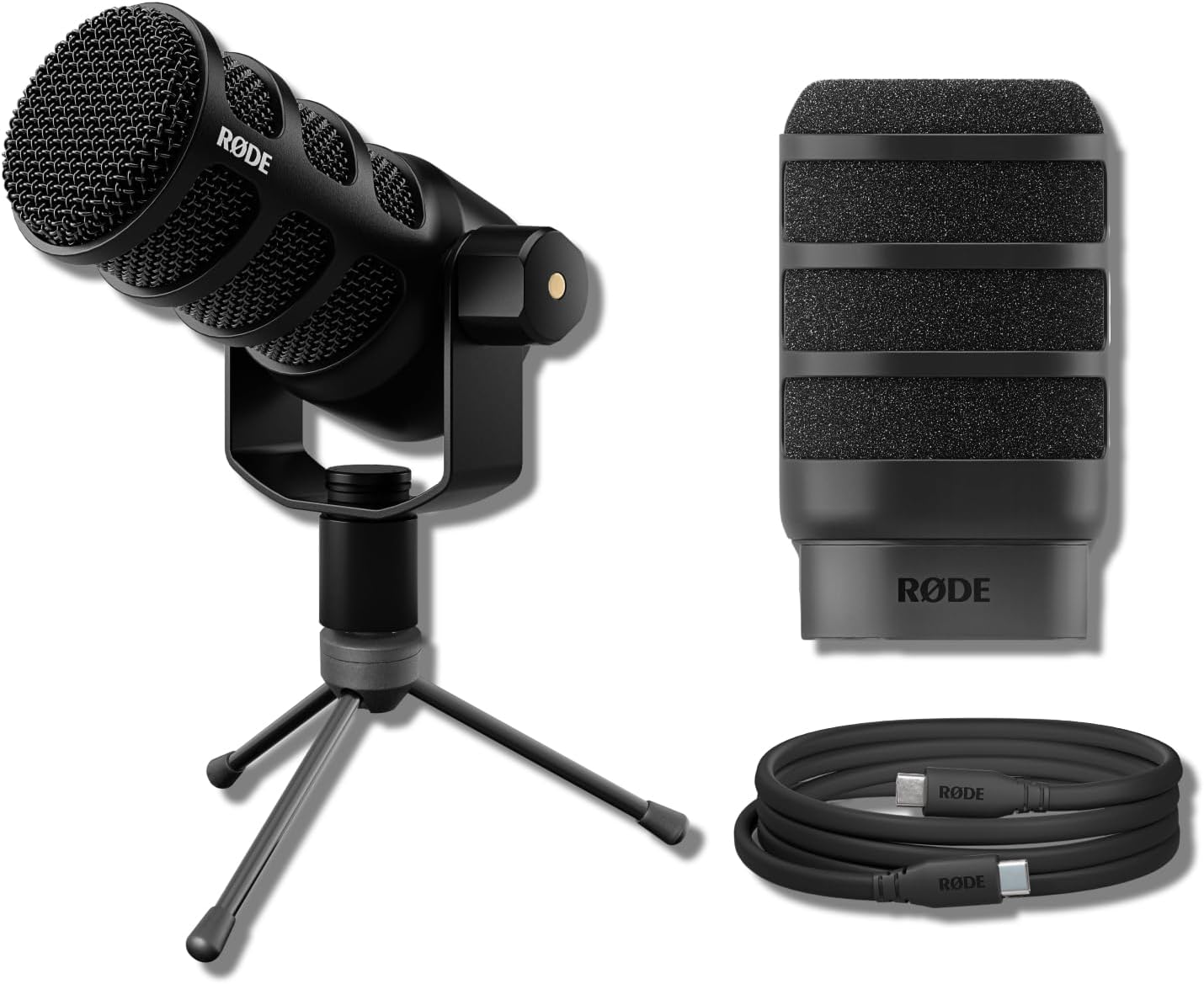 Rode PodMic USB Dynamic Broadcast Microphone with Black WS14 Pop Filter, SC27 USB-C to USB-C Cable and Mini Tripod Desktop Wired Mic Stand