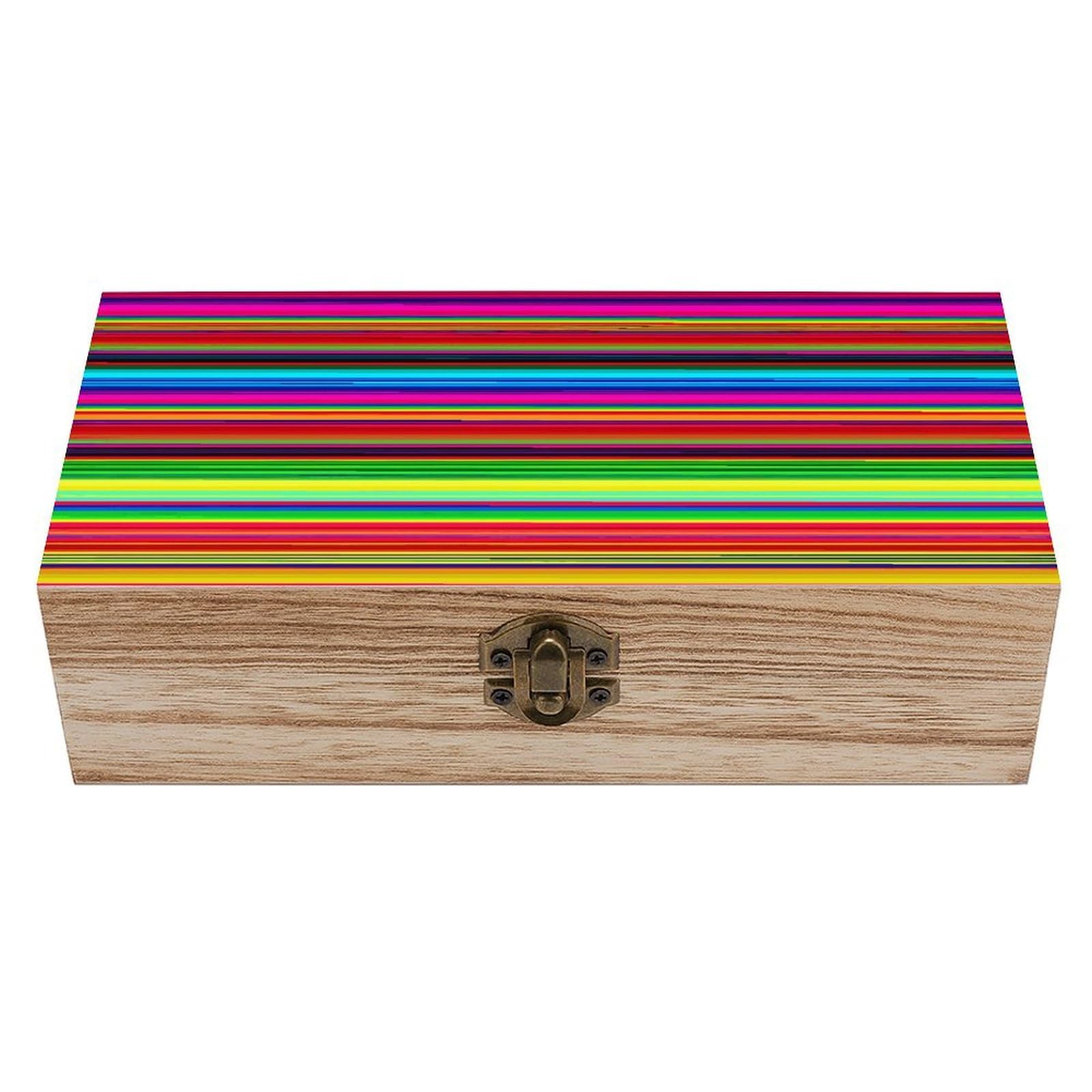 FekiLoot Natural Wooden Keepsake Box with Hinged Lid, 8x4 Inch Colorful Mexican Stripes Memory Box, Wood Jewelry Organizer & Trinket Holder, Gift for Men Women Anniversary Wedding