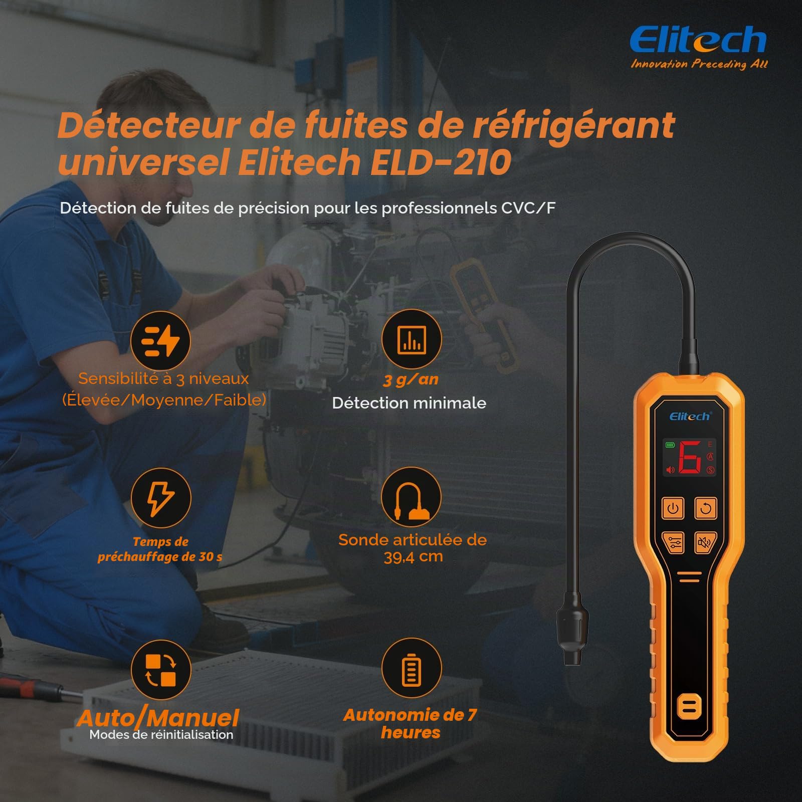 Elitech Détecteur de Fuite Frigorigène Réfrigérant à Diode R32 R134a R1234yf Détecteur de Gaz HVAC pour Réfrigérateurs Climatiseurs Automobile Pompes à Chaleur, ELD-210