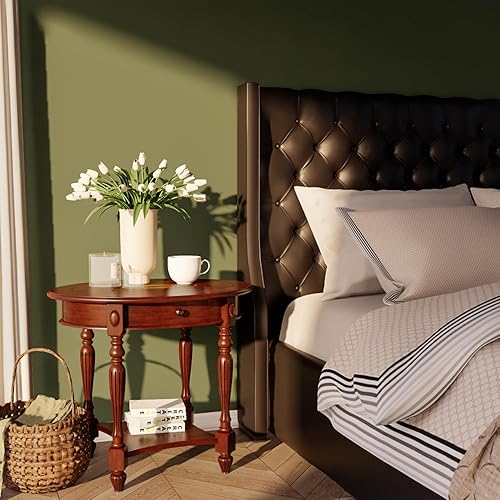 MODERION Mesa auxiliar de madera maciza con cajón, mesa auxiliar ovalada para sofá, estante de almacenamiento, mesa de esquina para sala de estar,