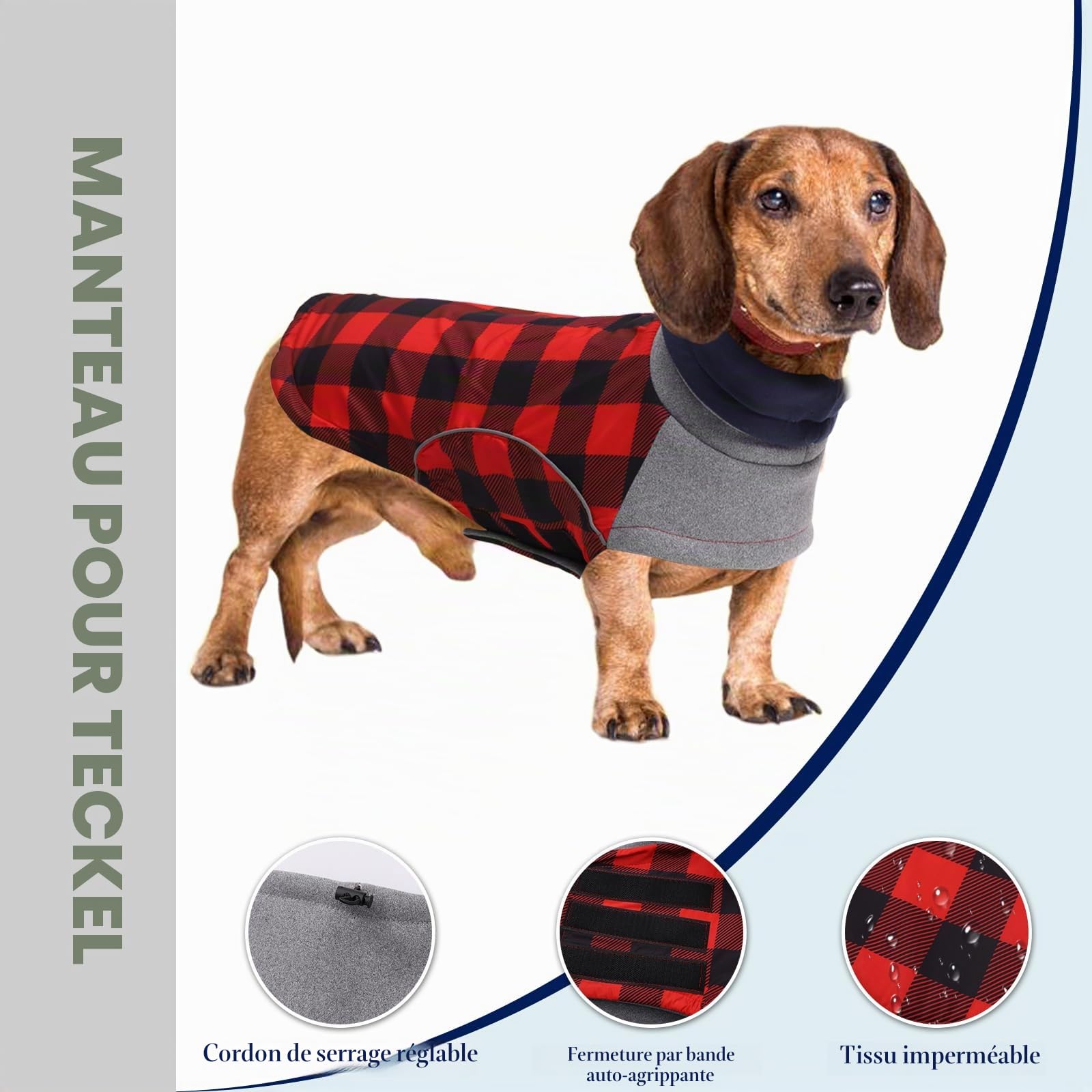 Manteau d'hiver imperméable pour petit chien, veste teckel avec trou pour harnais, idéal pour la marche, la randonnée, le camping, motif écossais rouge, taille M