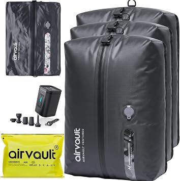 AirVault Reusable Vacuum Compression Travel Bag for Carry-On Suitcase and Backpack, Recycled IPX8 Waterproof Space Saver Vacpack 18L Gray 3-Pack Air Pump Included