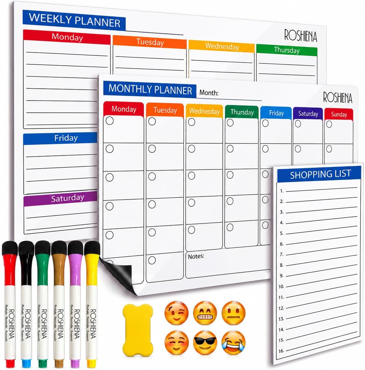 Magnetic Whiteboard Planner for Fridge, Monthly & Weekly Dry Erase Calendar, Meal Planner & Grocery List, Includes 6 Fine Tip Markers, 6 Magnetic Buckles & Eraser, 16-Piece Set