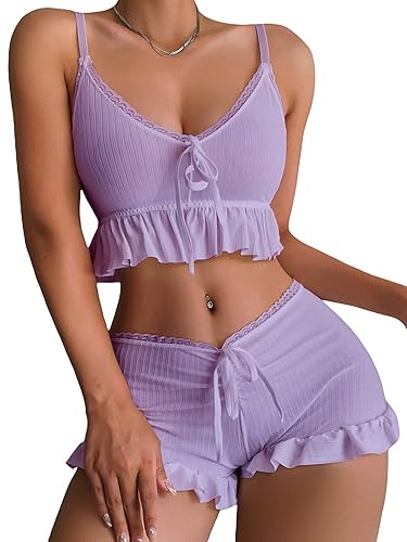 2 Piece Lingerie Set Pajama Sets Ruffle Trim - Mauve Purple