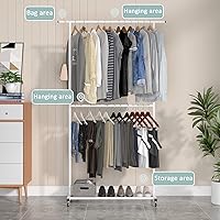 Vista 7 de Sywhitta Estante de ropa de doble barra, organizador de ropa con ruedas para colgar ropa, fácil de montar, ajustable, color blanco