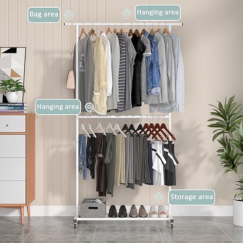 Miniatura 7 de Sywhitta Double Rod Clothing Garment Rack, Rolling Clothes Organizer on Wheels for Hanging Clothes, Easy to Assemble, Adjustable, White