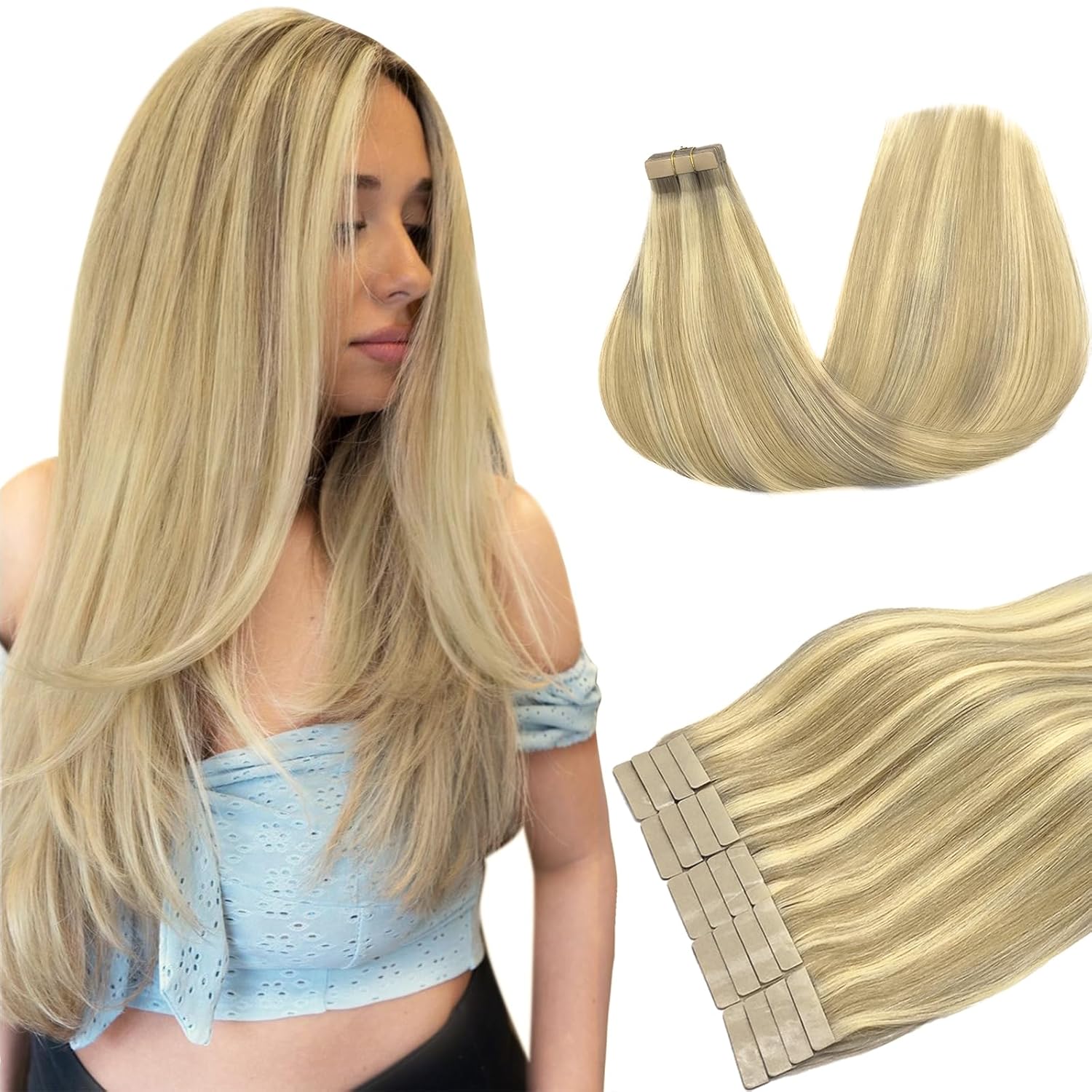DOORES Hair Extensions Tape in Human Hair, Light Blonde Highlighted Golden Blonde 20 Inch 20pcs 50g, Tape in Hair Extensions Reamy Straight Hair Natural Hair