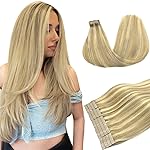 DOORES Tape in Human Hair Extensions Balayage Light Blonde Highlighted Golden Blonde 20pcs 50g Silky Straight Real Hair Extensions Tape in Skin Weft 18 Inch