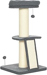 PawHut Kratzbaum 92 cm Katzenbaum mit Kratzbrett Spielball, Katzenkratzbaum mit Sisal-Kratzsäulen, Rampe, für Katzen bis 5 kg, Dunkelgrau+Cremeweiß