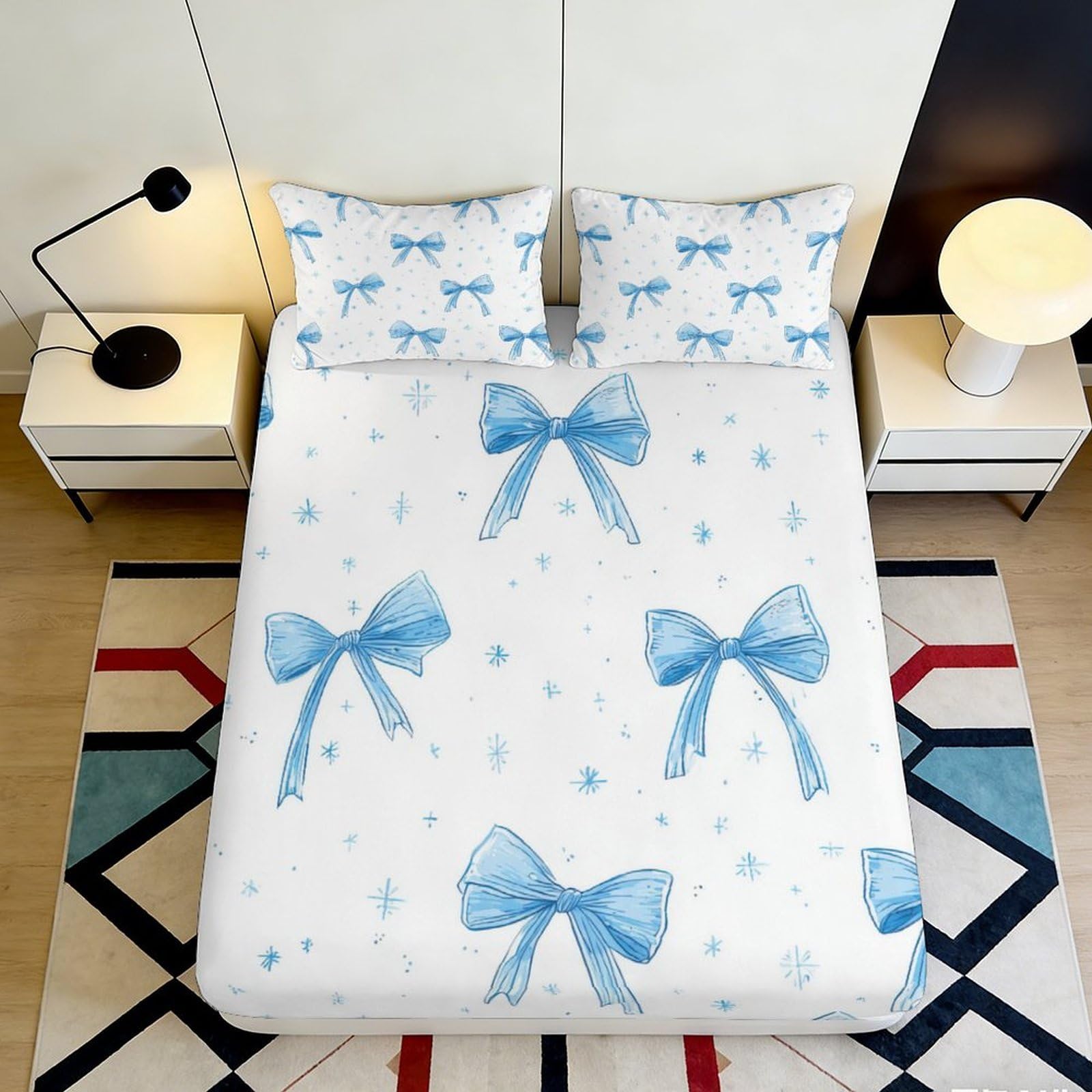 Jqzkxnhpbr Style-9 3D Printed Blue Bow Fitted Sheet Microfiber Soft Decorative Ribbon Mattress Cover For Bedroom Guest Room Easy Care 90X200x25cm
