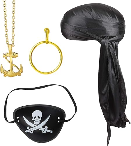 Beelittle - Juego de accesorios para disfraz de pirata de Halloween, diseño de pirata, gorro de paliacate para la cabeza (durag), parche para el