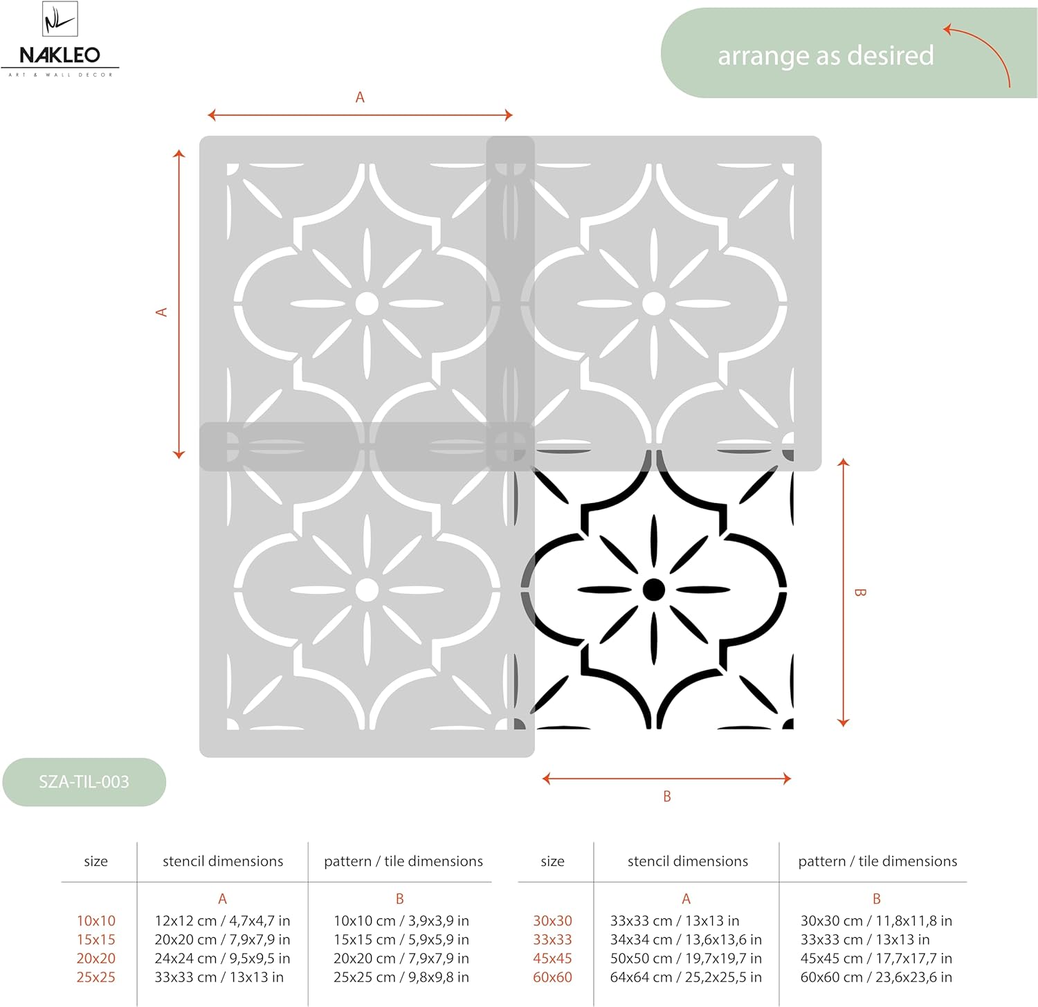 NAKLEO Tile Painting Stencil 17,7”x 17,7”, Lucca Spanish Moorish Flower Moroccan, Plastic Reusable Large Template, Home Decor Craft DIY, Floor Concrete Patio Wall - Terracotta