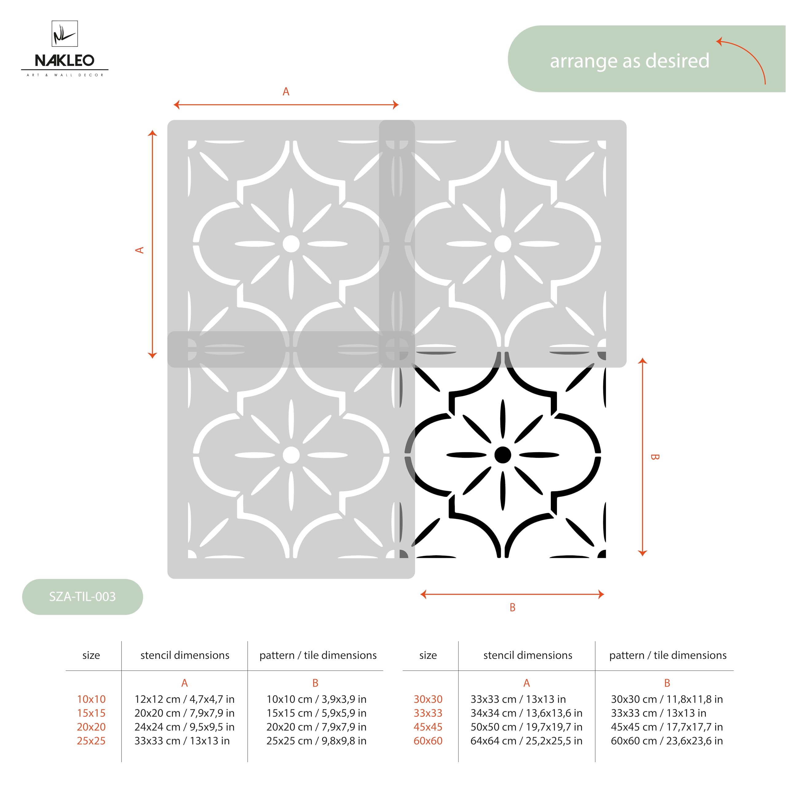 NAKLEO Lucca Tile Plantilla de plástico reutilizable – 33x33cm - Morisco Floral Español - Geométrico marroquí - Adoquín Bloque Concreto Piso Pared Pintura Plantilla Madera
