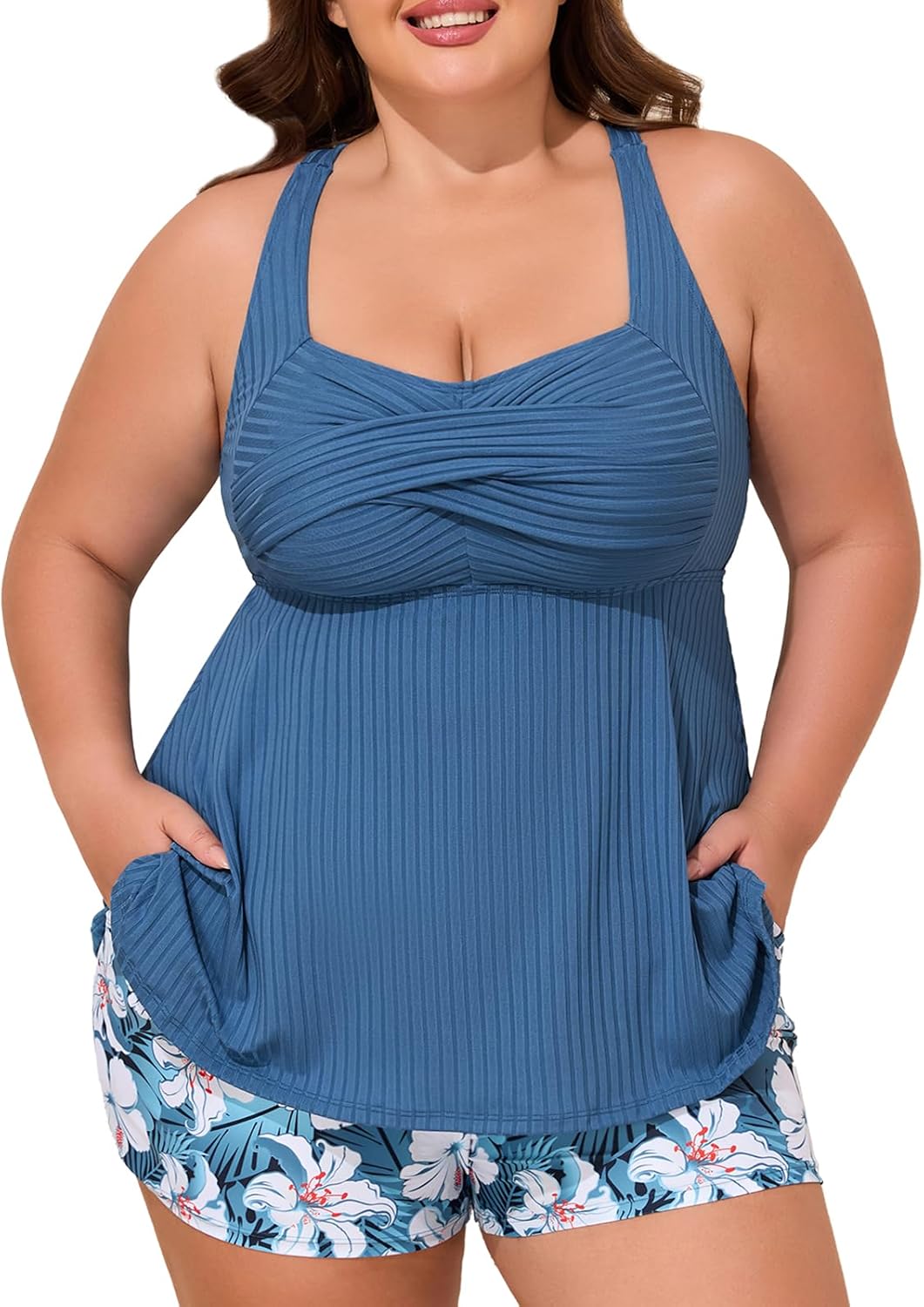 Summer Mae Plus Size Tankini Swimsuits for Women Two Piece Bathing Suit with Pockets Shorts Tummy Control Swimwear