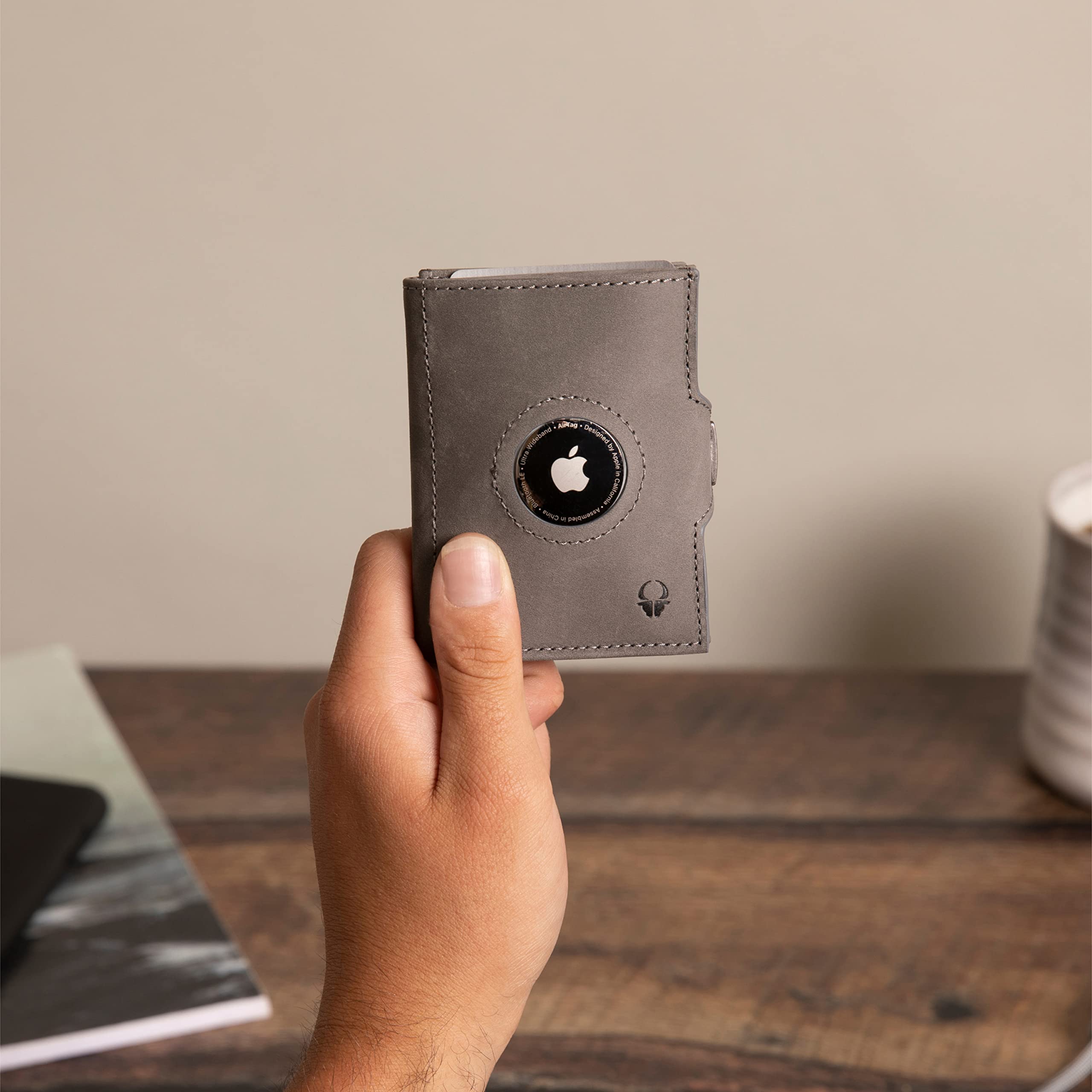 DONBOLSO Portafoglio Uomo Piccolo in Pelle - Porta Carte di Credito con Tasca per AirTag - Portamonete Compatto e Slim - Portafogli Sottili Vintage Grigio