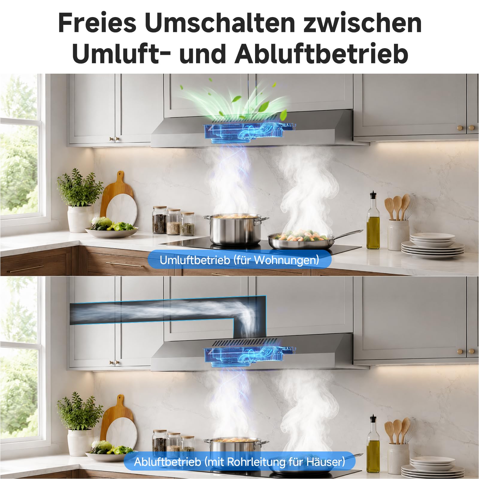 AAOBOSI A++ Dunstabzugshaube Unterbau 60cm, 3 Leistungsstufen, 230m³/h Unterbauhaube, mit Abluft oder Umluft mit Kohlefilter, LED-Licht, Edelstahl Silber