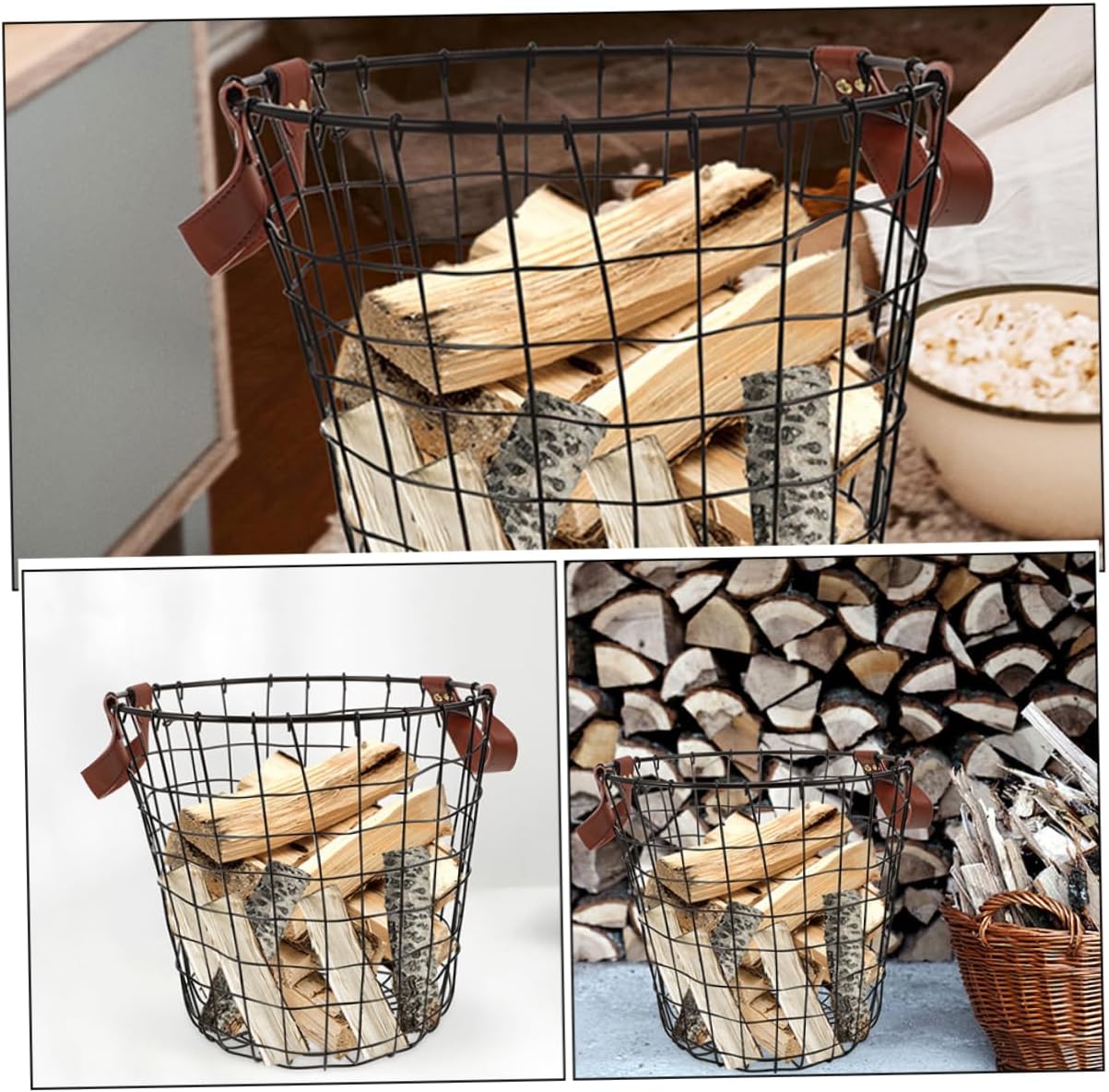 YARNOW Round Metal Firewood Storage Basket with Handle Rustic Iron Firewood Holder for Camping and BBQ Farmhouse Style Wood Storage Bin