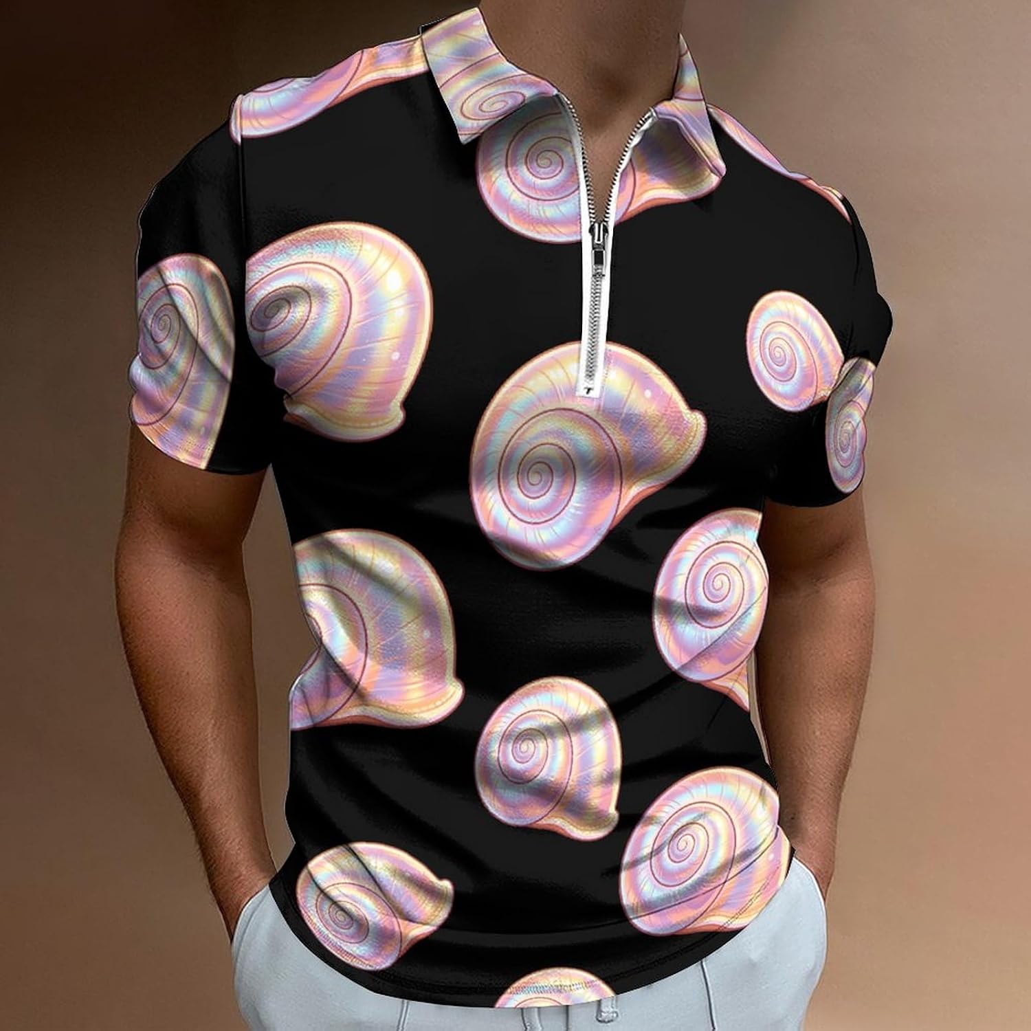 Pearl Iridescent Shell Polo Shirts for Men Short Sleeve Athletic Golf Tees Tops