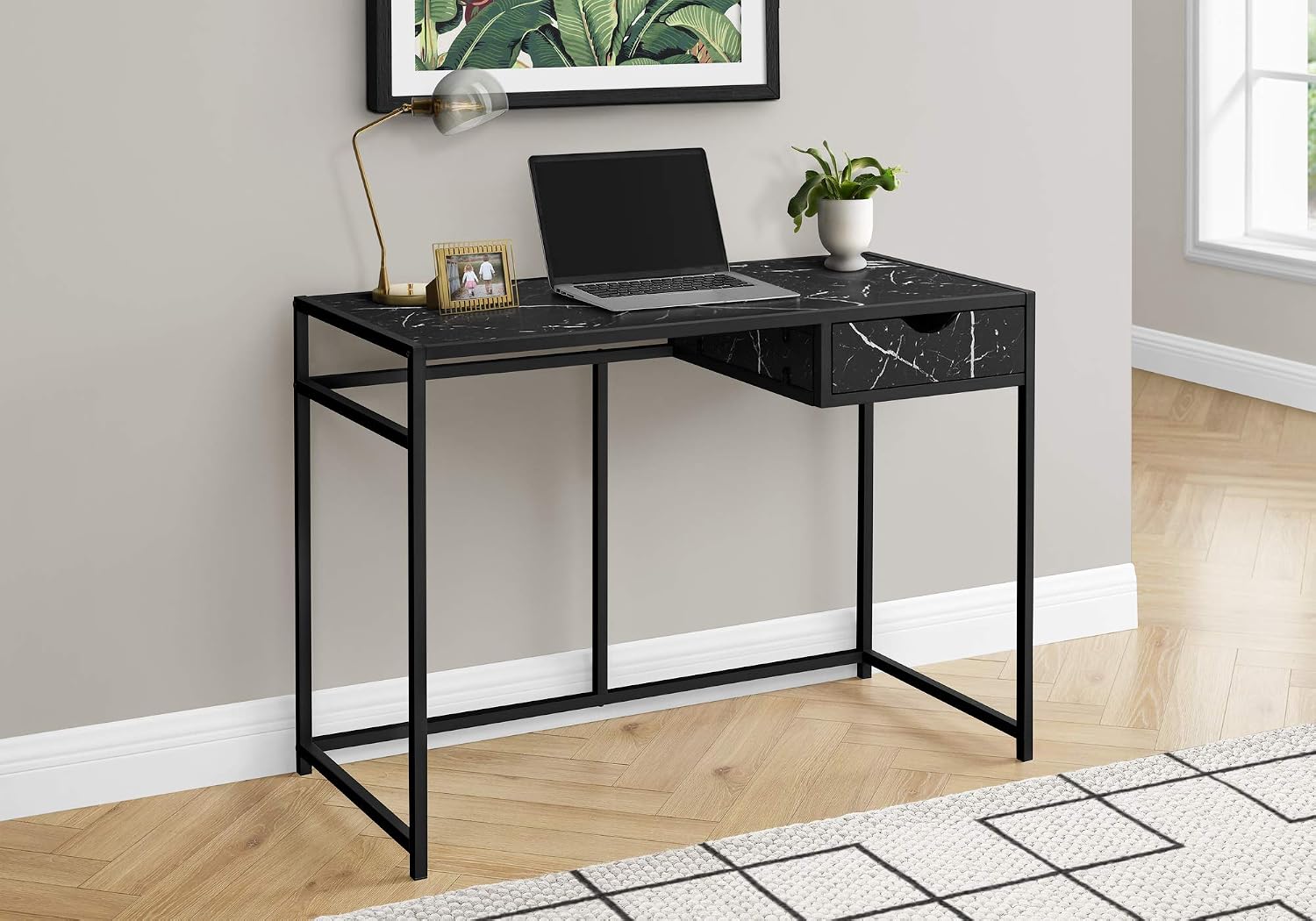 Monarch Specialties I 7572 Computer Desk, Home Office, Laptop, Storage Drawer, 42" L, Work, Metal, Laminate, Black Marble Look, Contemporary, Modern image 2