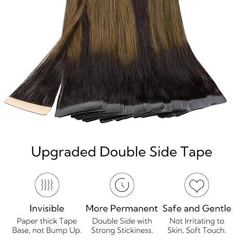 Miniatura 3 de HOTBANANA Extensiones de cabello con cinta, 16 pulgadas, 20 unidades, 1.71 onzas, color marrón oscuro, mezcladas con marrón medio, extensiones de