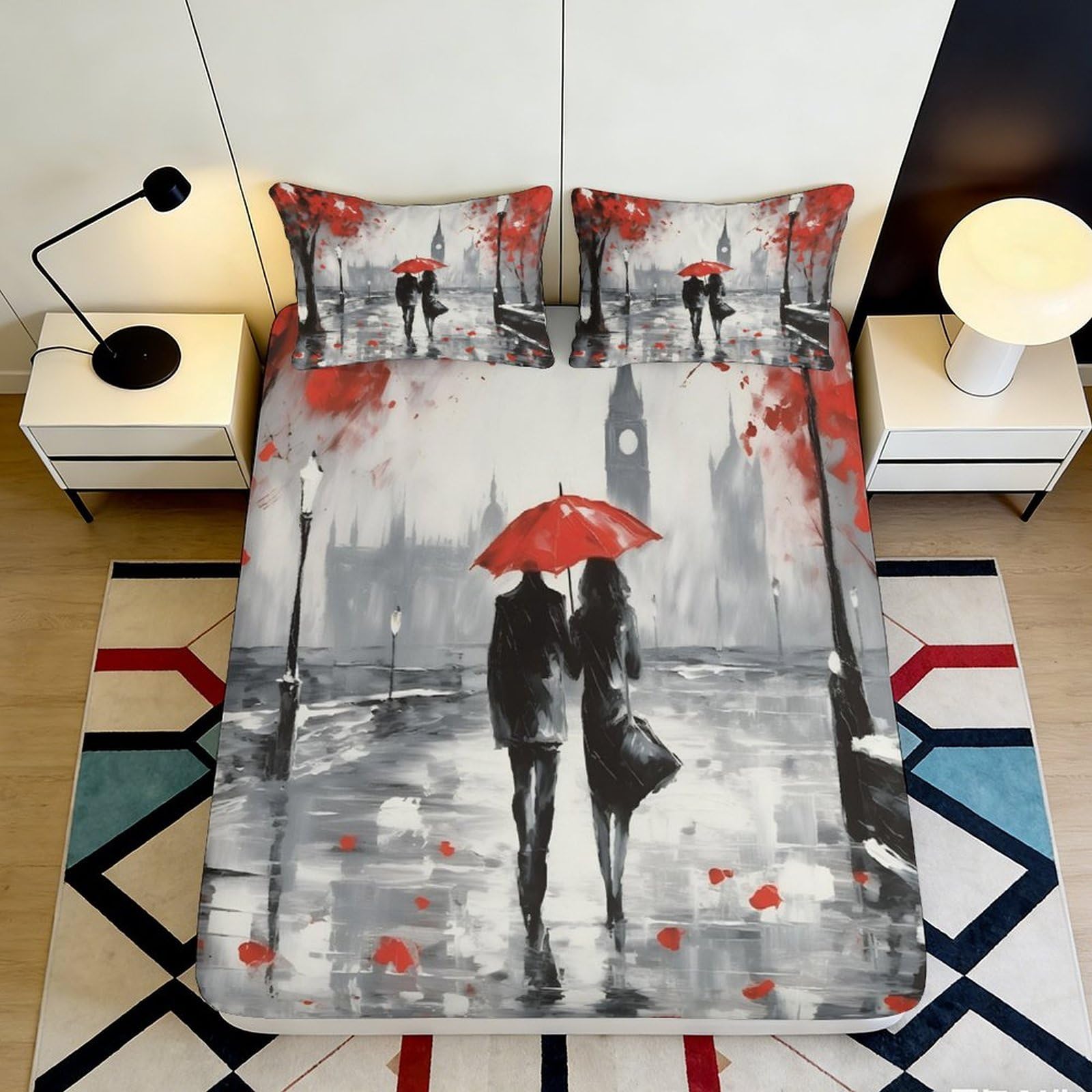 3D Printed Romantic Couple with Red Umbrella Fitted Sheet Microfiber Soft Breathable Cityscape Bed Cover for Bedroom Dormitory Guest Room Mattress Protection 90x200x25cm