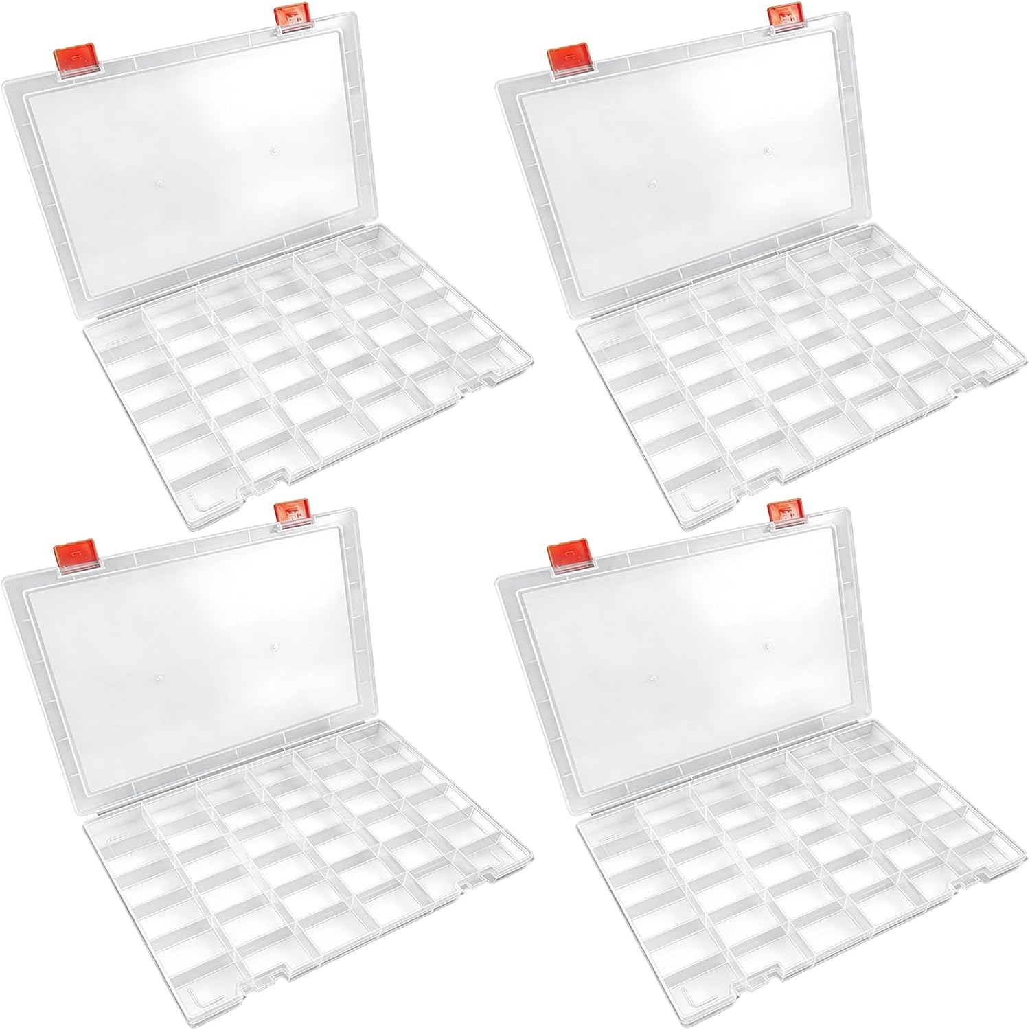 Varku 4 Pcs 32-Grid Clear Plastic Organizer Boxes, 10.2 in Parts Storage Box, Fixed Dividers Bead Organizer, Multipurpose Box Organizer for Beads, Hooks, Paper Clips