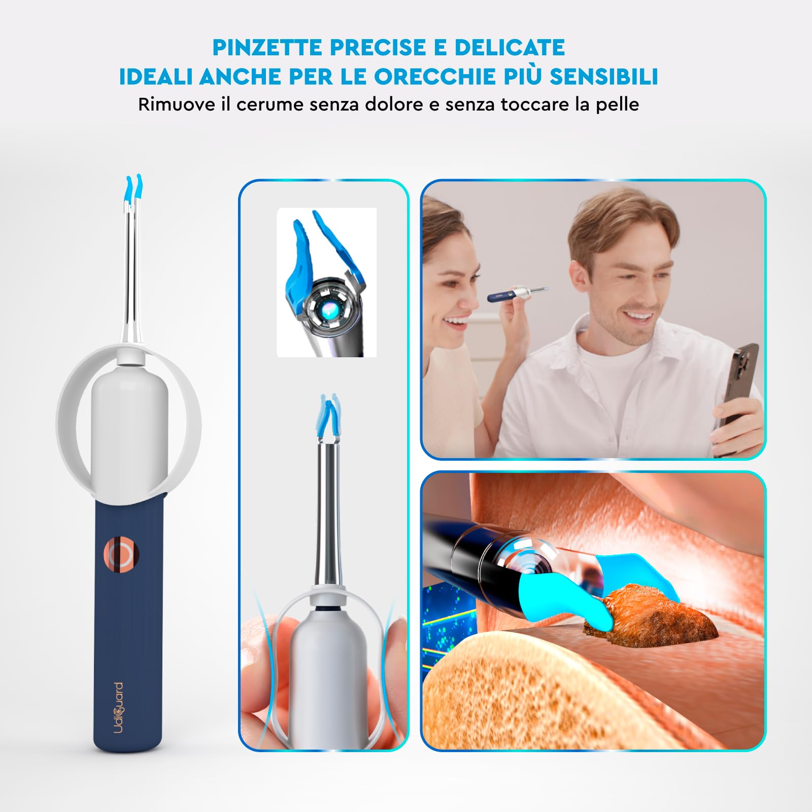 Otoscopio Pulizia Orecchie Multifunzione UdiGuard Pro-Clean - Versatile e Ideale per Pulizia e Rimozione del Cerume - Flessibile Impermeabile Digitale con Corpo in Silicone e Telecamera HD