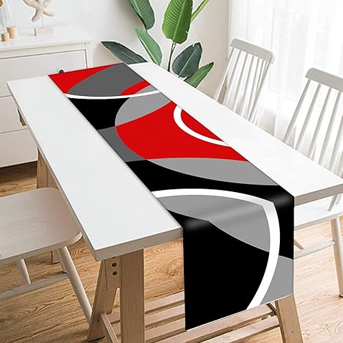 Miniatura 3 de Camino de mesa negro, blanco, gris, rojo, patrón geométrico de líneas geométricas, camino de mesa de poliéster antideslizante para cocina, café,