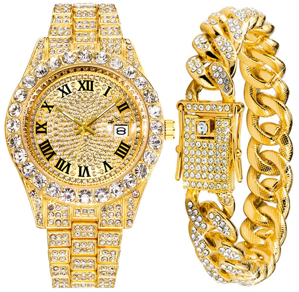 Relojes Hip Hop para Hombre, Relojes de Cuarzo de Lujo con Diamantes Brillantes con Fecha
