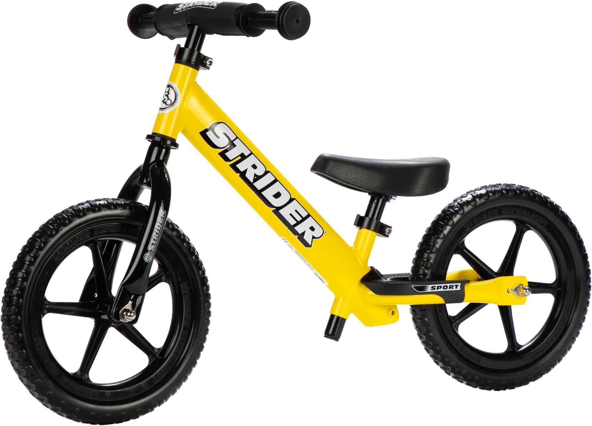 Strider 12 Sport, No Pedal Balance Bike for Kids Ages 1–4 Years, Yellow | No-Pedal Balance Bike for Toddlers, Safety Pad, Adjustable Seat and Handlebars, Lightweight Frame, Never-Flat Tires