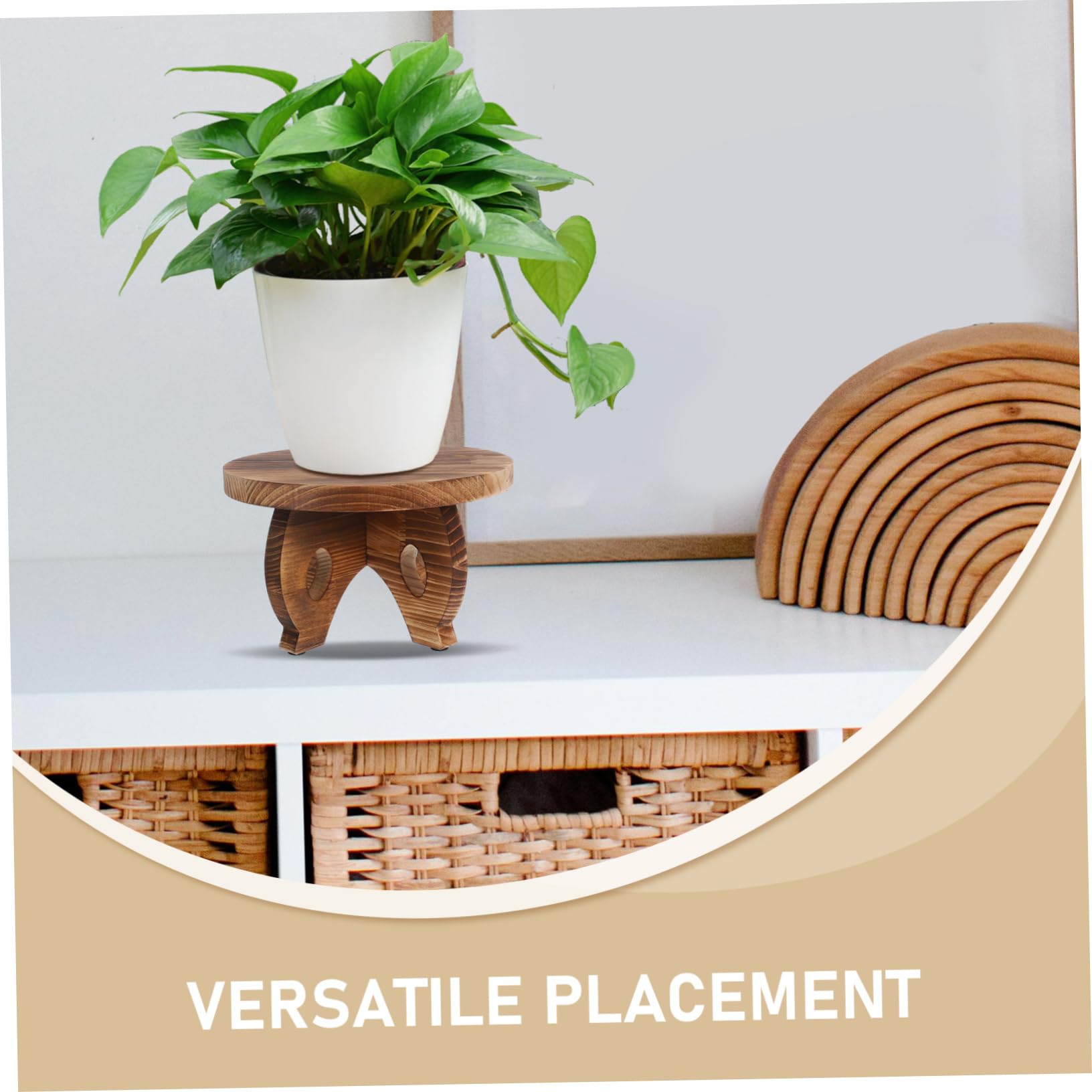Soporte Redondo de Madera para Macetas, Base Marrón de Estilo Rústico | Plantas y Tiestos, Textura Natural, Montaje Sencillo, Uso en Salón y Cocina
