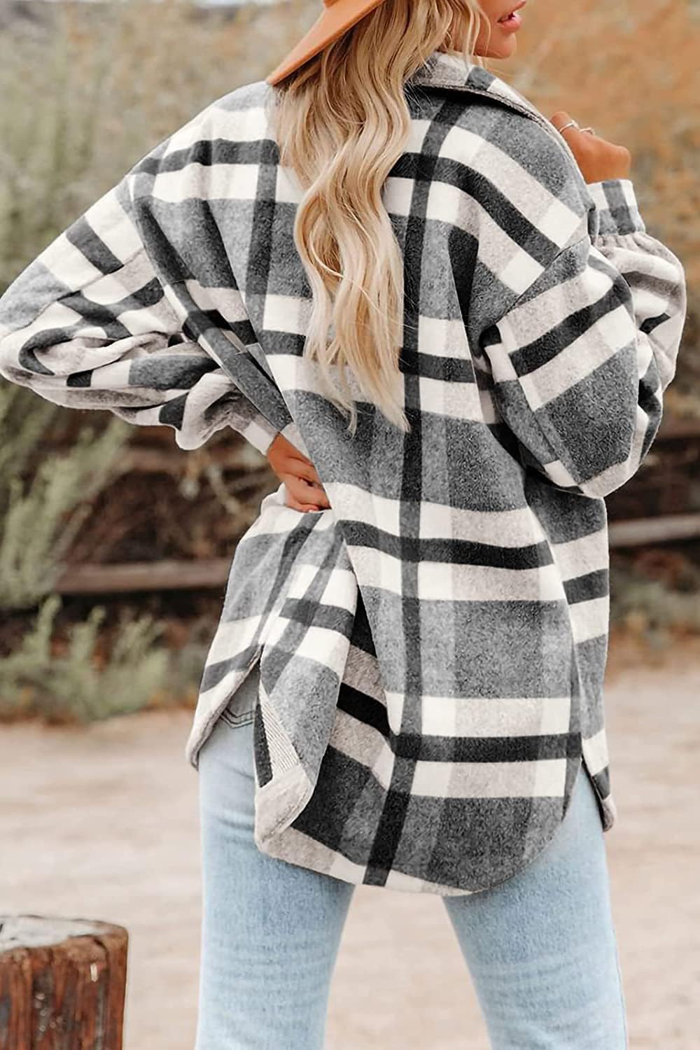 CHYRII Women's Casual Brushed Flannel Plaid Shacket Button Down Long Sleeve Shirt Jacket Coats with Pockets 7076-Black XL - Image 2