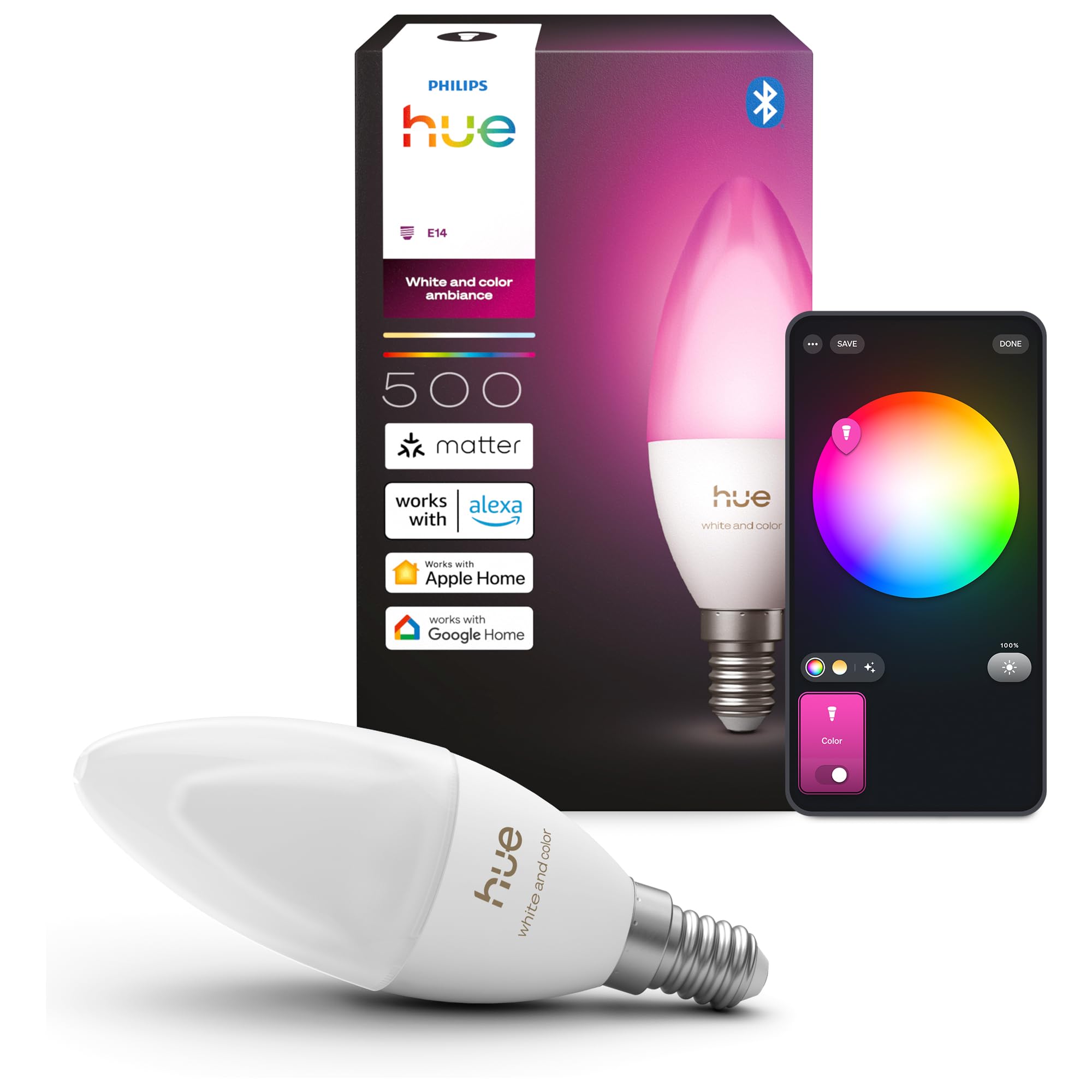Philips Hue Smart LED-Kerzenlampe, B39, E14, 1er Pack, White and Color Ambiance, Vollspektrumlicht 1.000 K–20.000 K, 500 lm, Extrem Niedrig Dimmbar, Chromasync, Alexa, Google Home, Apple Home