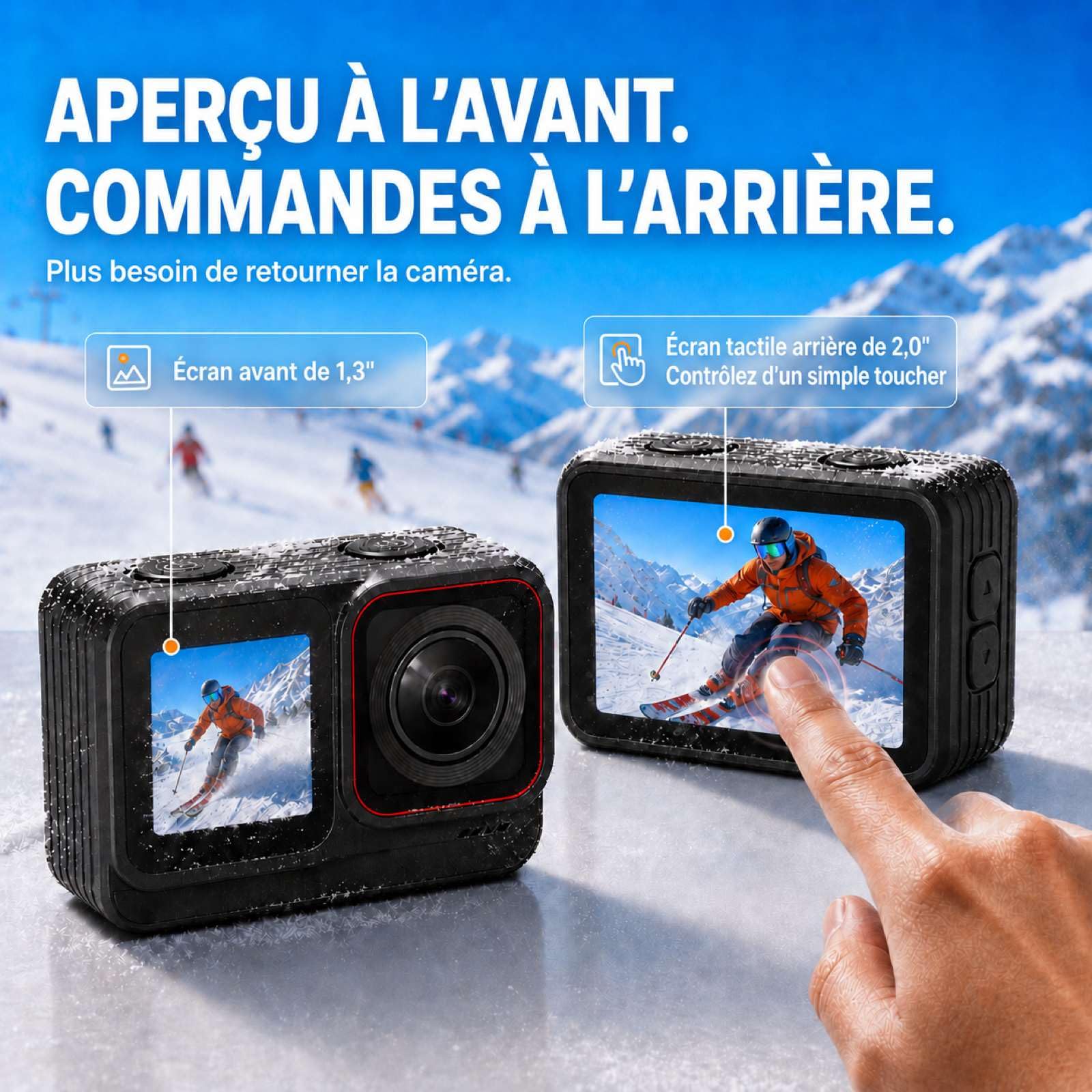 T20M Caméra d'action 4K pour vélo & POV Casque, étanche 5 m sans boîtier, stabilisation EIS 6 Axes, Double écran, 2 Batteries, Station d'accueil et Carte 64 Go