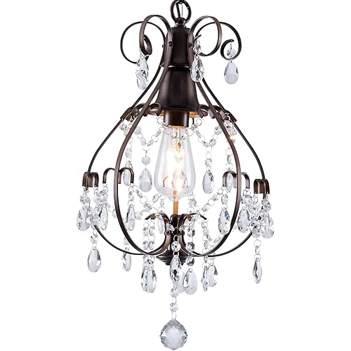 Bronze Chandelier,Farmhouse Rustic Vintage Crystal Light Fixtures Ceiling Mount 1 Light Chandeliers for Bedroom,Elegant Pendant Hanging Lighting Chandeliers for Kitchen Island,D11.4 in x H19 in