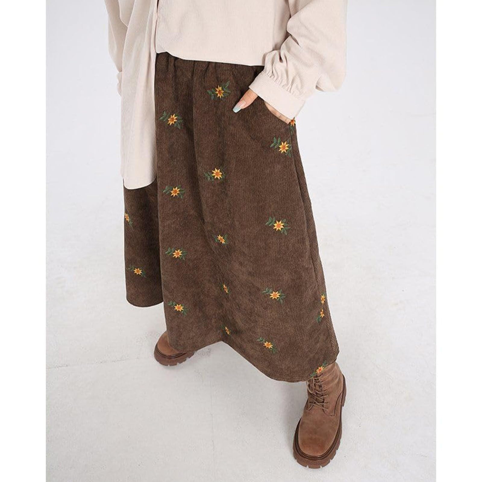 Générique Jupe Femme Ete Elastique pour Élégante A-Ligne avec Poches Jupe Tour Décontractée Bohême Haute Longue Plissée Plage Taille Maxi Vacances en Plage Femme De