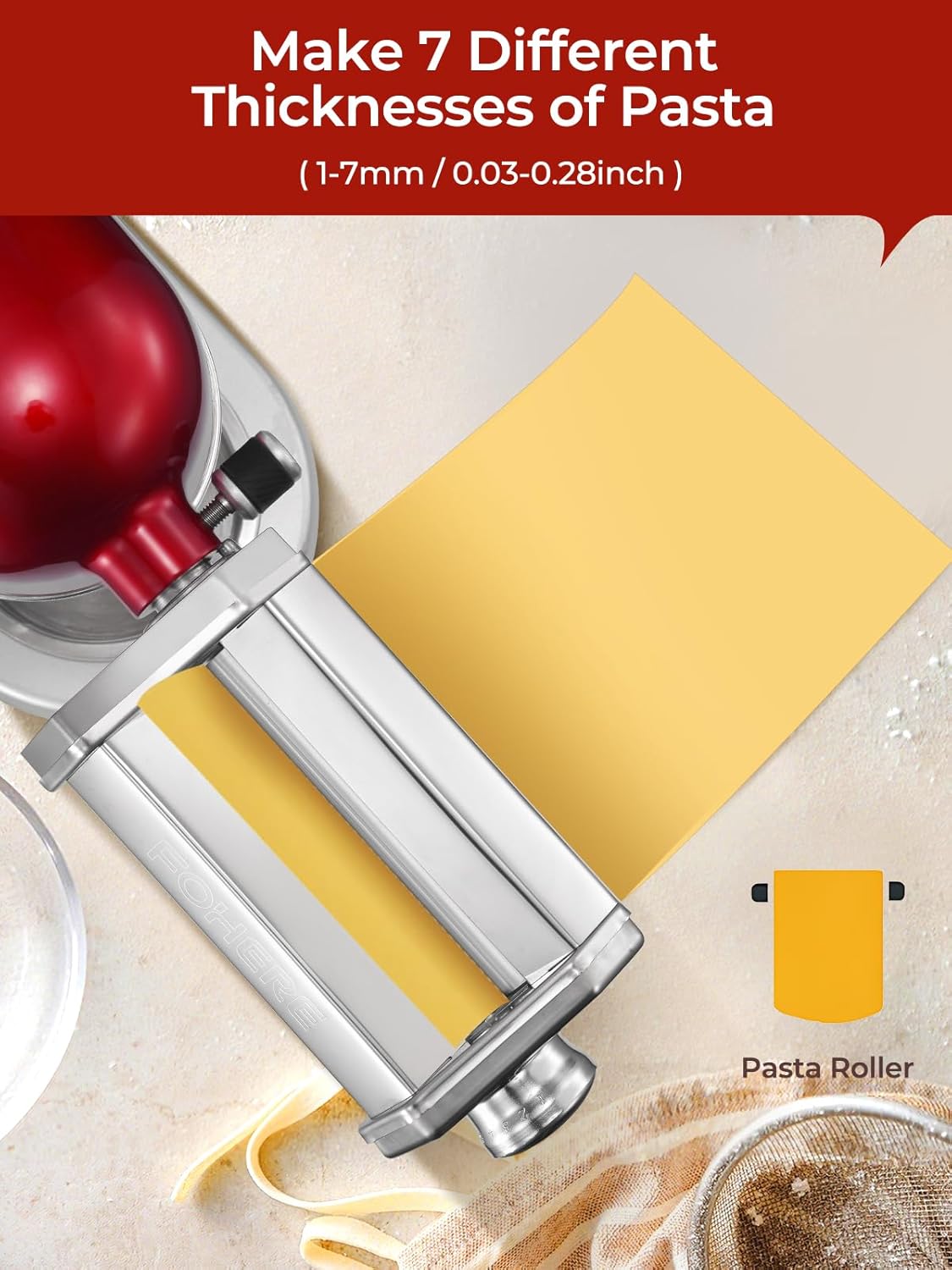 Pasta Roller Attachment for KitchenAid Stand Mixer, Pasta Maker Accessorie with Cleaning Brush, 7 Adjustable Thickness Knob for Pasta Sheets, Homemade Fresh Noodles and Italian Cuisine, Easy to Use