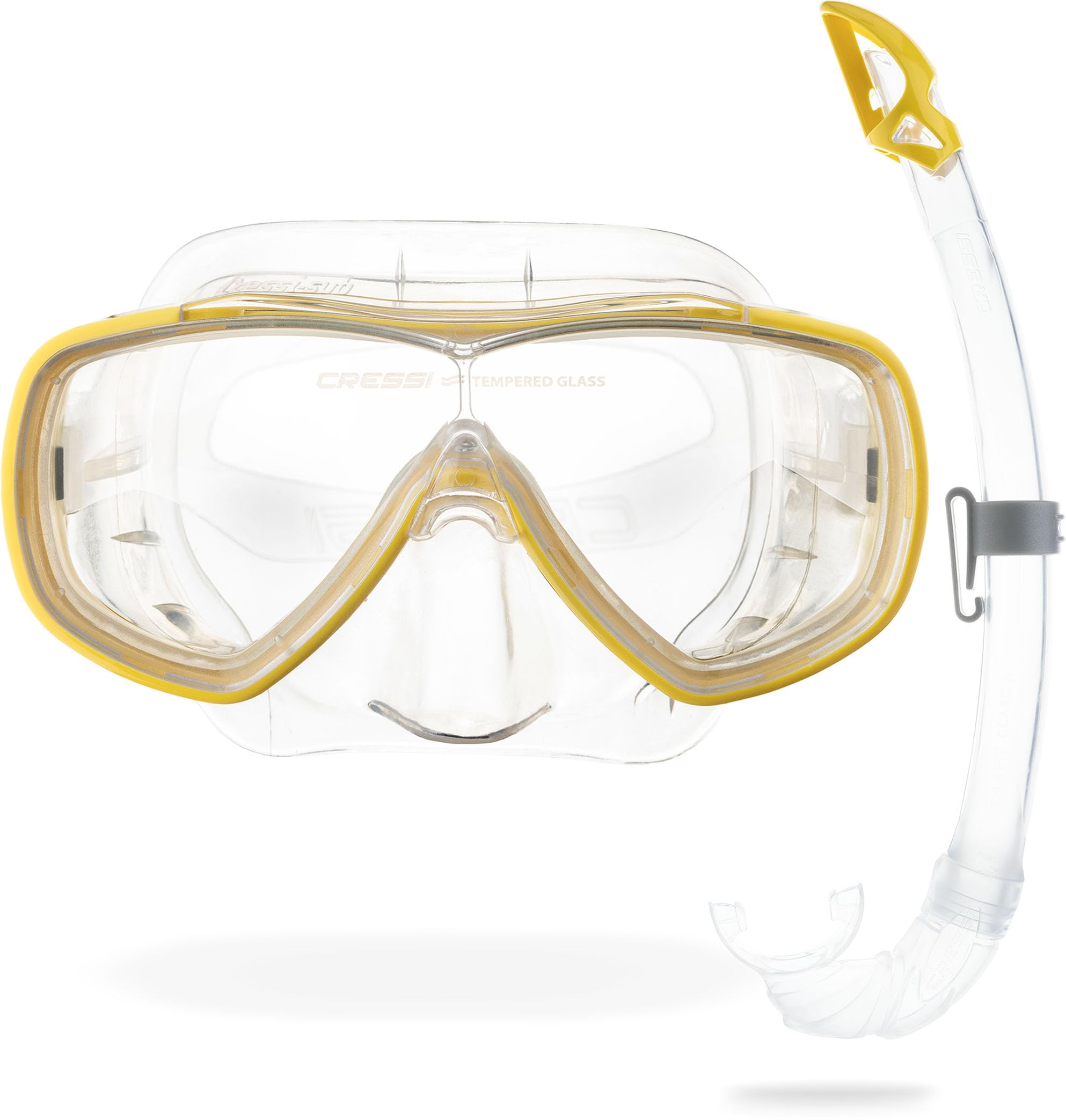 Cressi Single Lens Mask & Snorkel Set - Tempered Glass Diving Mask - Snorkel Set Adults for Pools & Sea - Quick-Adjust Buckles for Scuba Diving Equipment - Transparent/Yellow - Combo Set