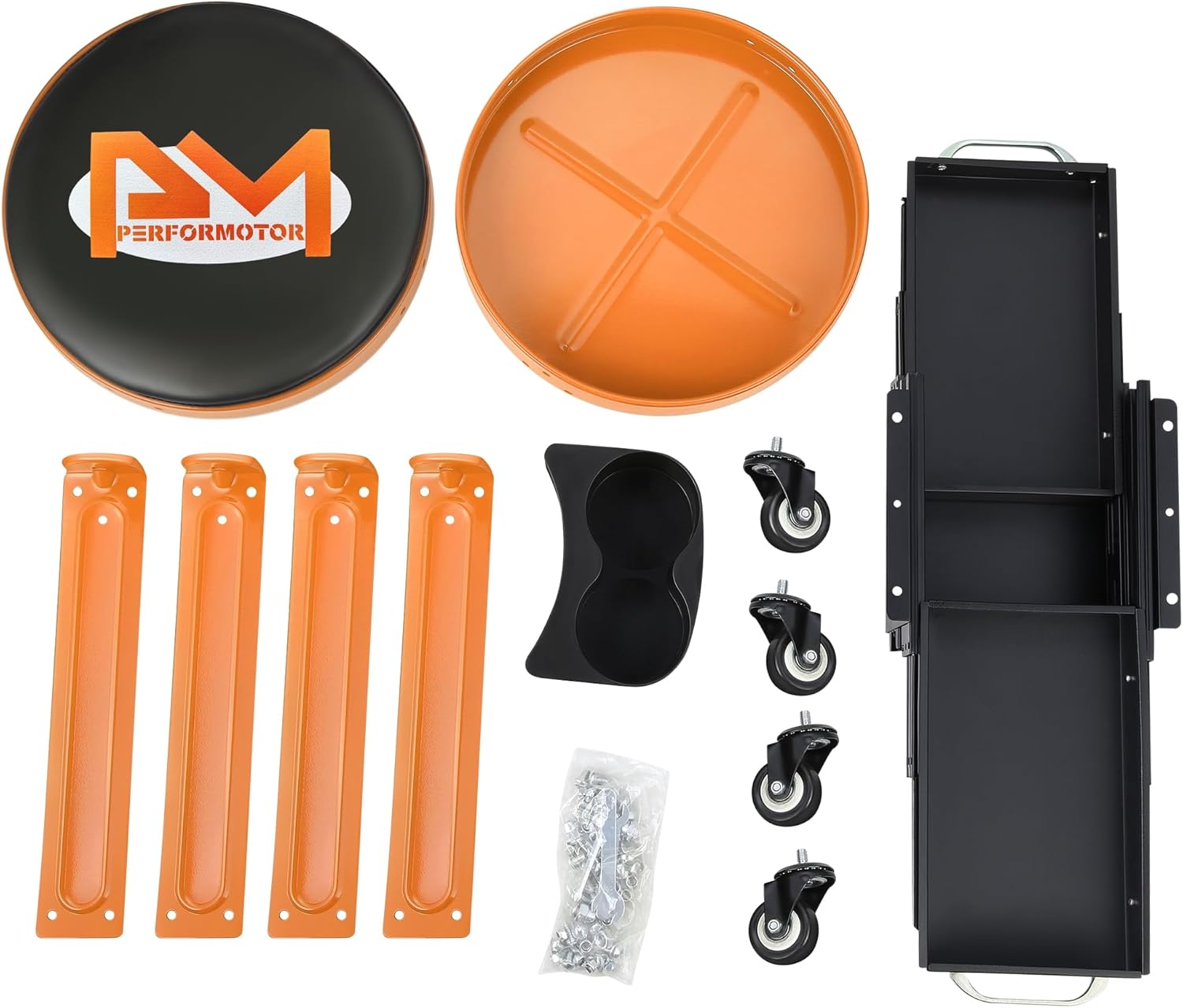 PM PERFORMOTOR Round Mechanics Roller Seat Creeper Stool With Padded Cushion, Tool Storage Drawer & Tray, 300 Lbs Max Weight Capacity, Orange,PM-TOL-RST2-OG
