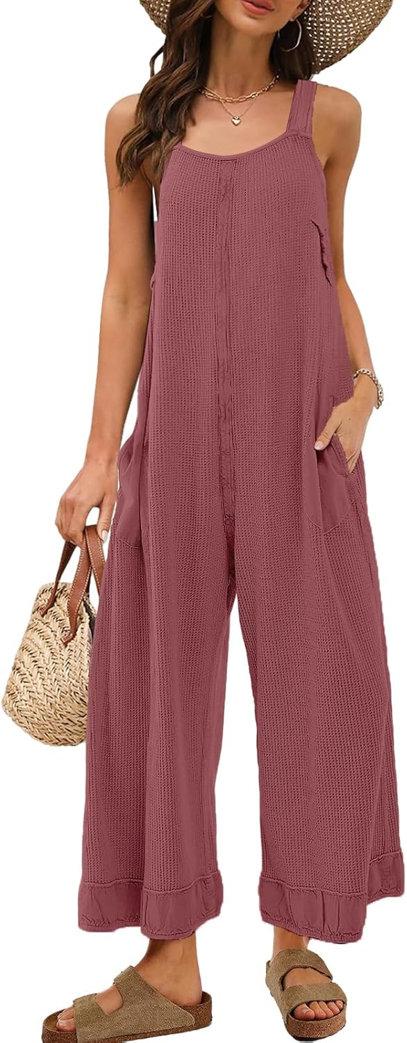 Panadila Womens Waffle Knit Jumpsuit Casual Wide Leg Jumpsuits Oversized Long Rompers Open Back Loose Overalls