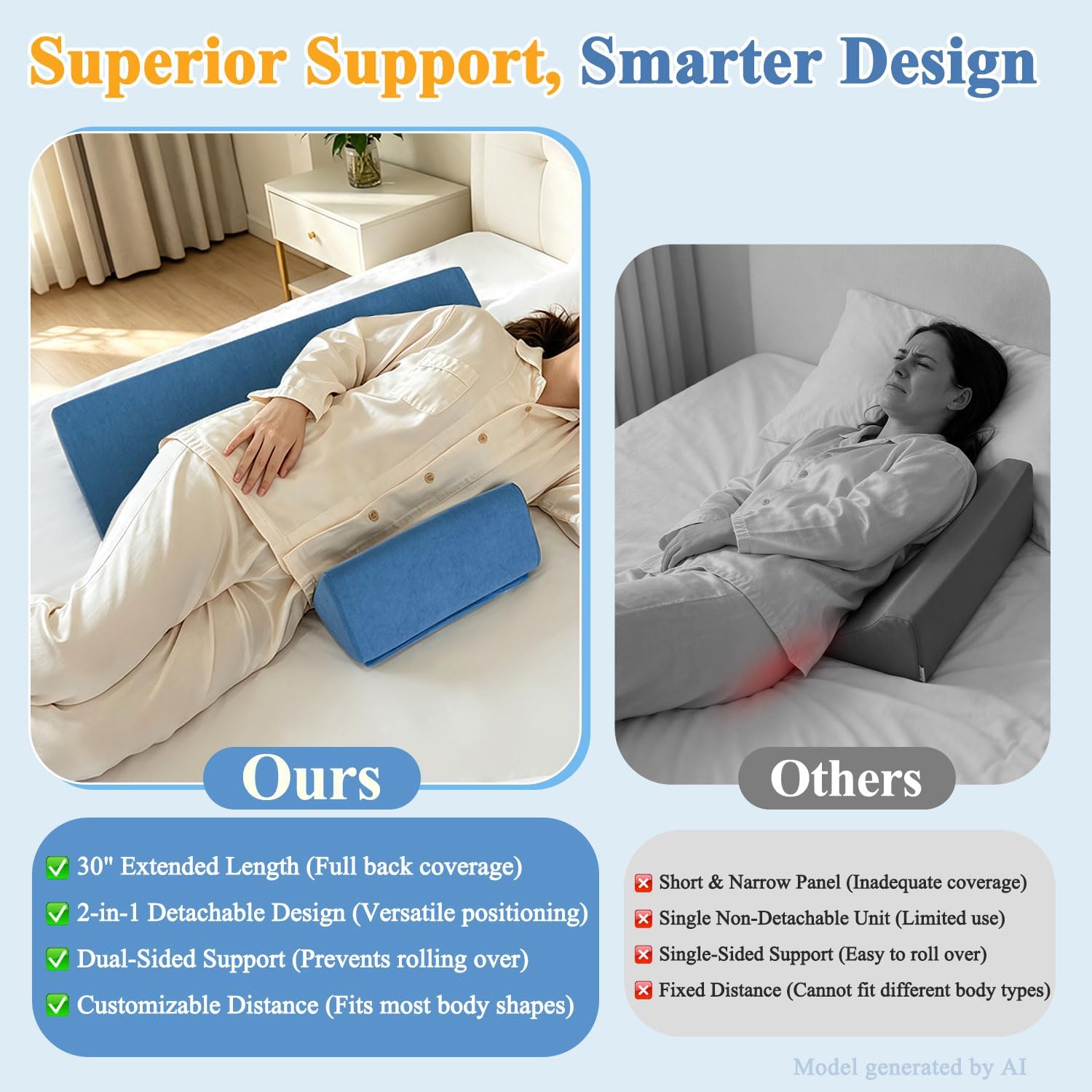 Positioning Wedge Pillow for Side Sleeping, Back Support Pillow for Side Sleeper, 2-in-1 Back Positioning Foam Wedge Pillow for Bed Sore, Adjustable Bed Wedges Body Positioners for After Surgery