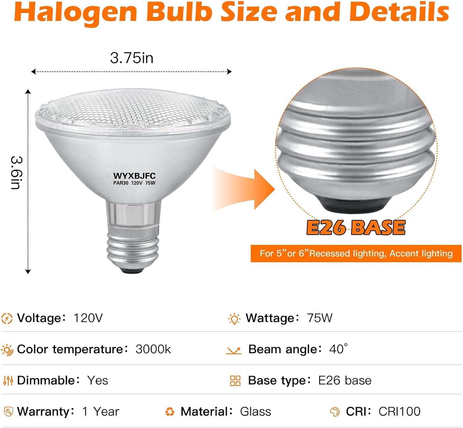 Par30 75W Halogen Light Bulbs - 6 Pack Short Neck Flood Light Bulbs, 3000K Warm White,Dimmable Halogen Bulbs with E26 Medium Base for Recessed Light Bulbs, Track Light