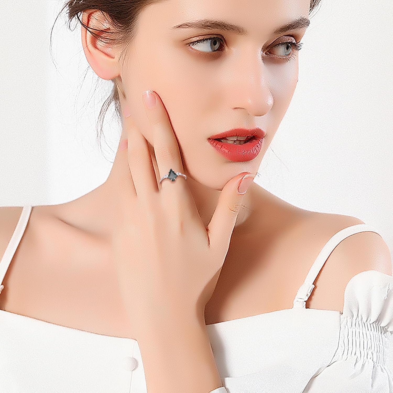 925 Sterling Silver Natural Moss Agate Ring Set for Women Moon & Kite Cut Engagement Ring Mother’s Day Anniversary Valentine's Day Gift - Image 5