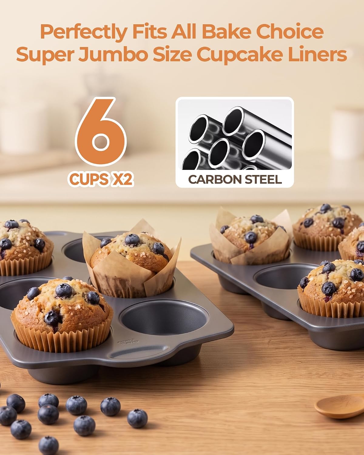 Bake Choice 2 Super Jumbo Muffin Pan for Baking with 40 PC 65GSM Liners