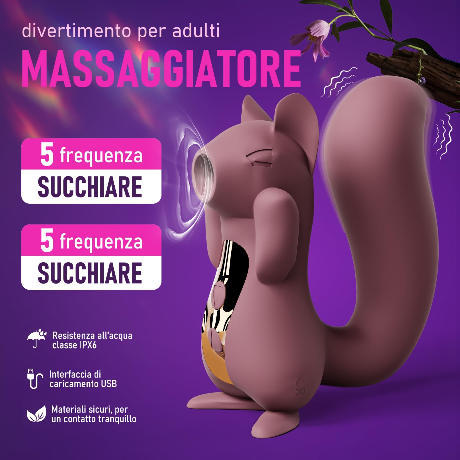 Massaggiatore Intimo Donna a Scoiattolo - Stimolatore Clitorideo con Aspirazione e Vibrazione, Massaggio Intimo con 10 Modalità, Silicone Sicuro, Impermeabile, USB Ricaricabile