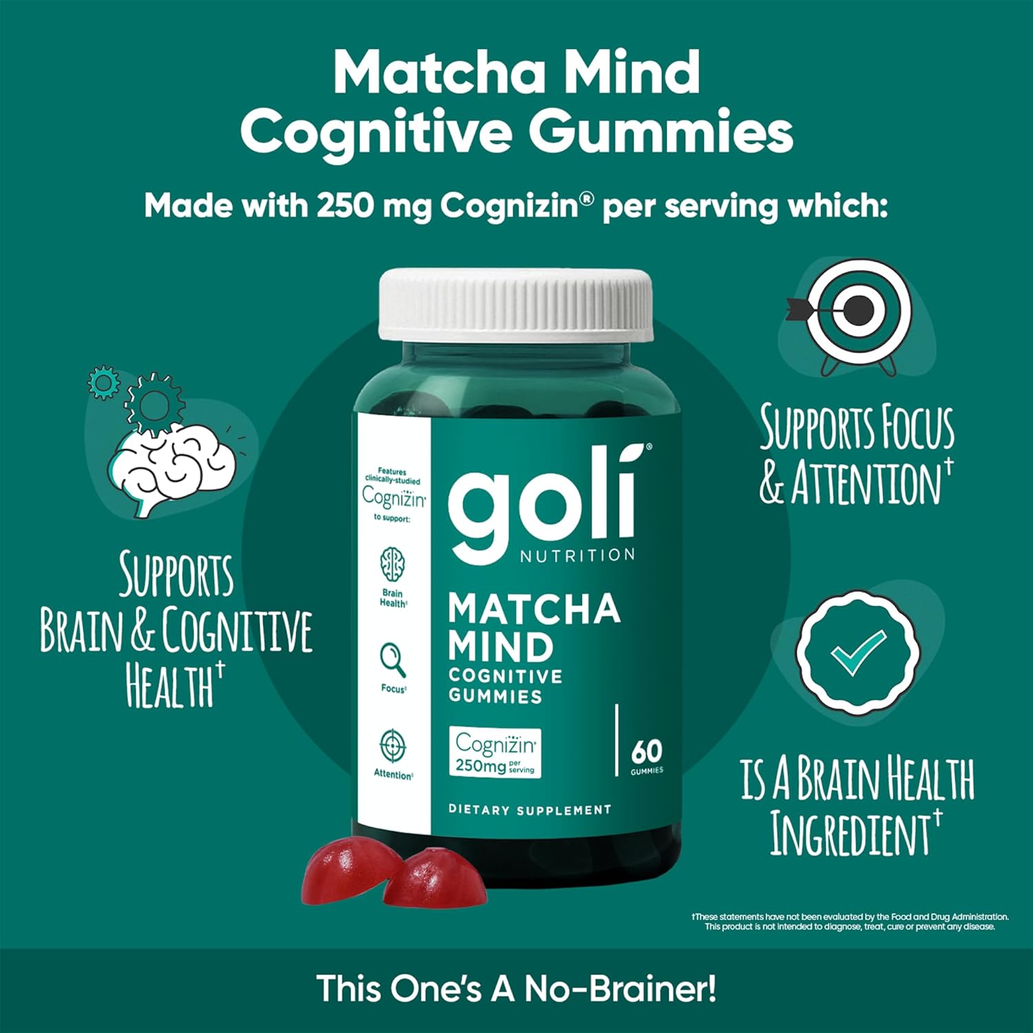 Goli Matcha Mind Cognitive Gummies with Cognizin Citicoline - 250mg Citicoline Plus Matcha Powder - Brain Health and Focus Support - Vegan, Non-GMO, Gluten-Free, 300 Count (5 Pack)