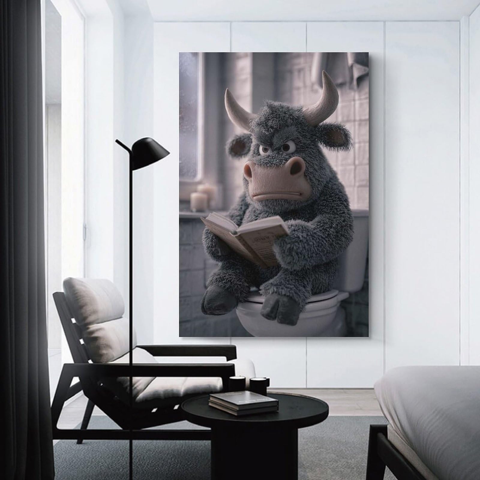 Junmoney Bull Reading on Toilet Canvas Wall Decor, 20x30inch(50x75cm), for Apartment Walls, Studios Or Work Areas, Decorative Canvas Decor for Home Updates