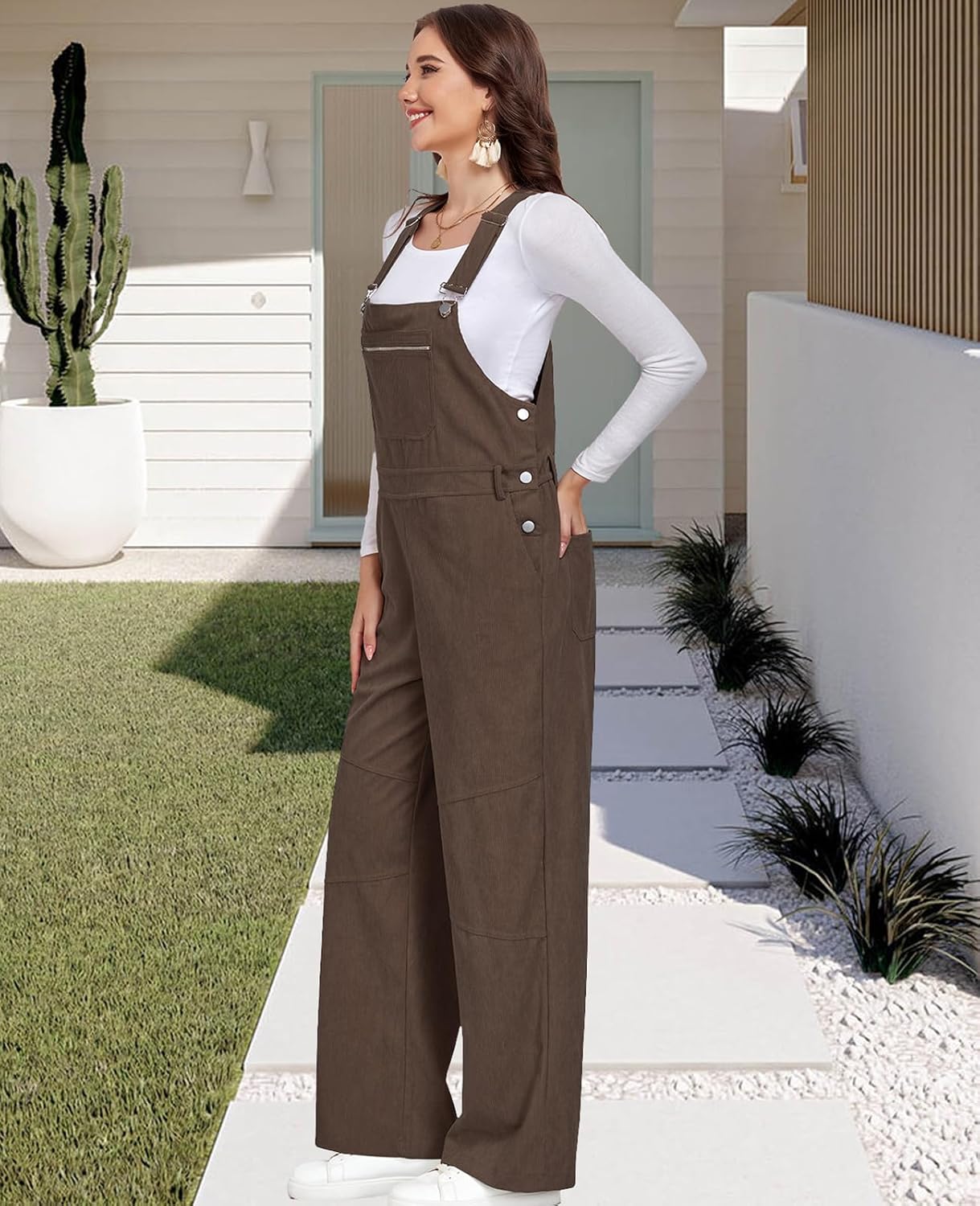 HOTIAN Womens Corduroy Overalls Plus Sizes Winter Fall Loose Sleeveless Adjustable Strap Jumpsuits with Pockets - Image 3