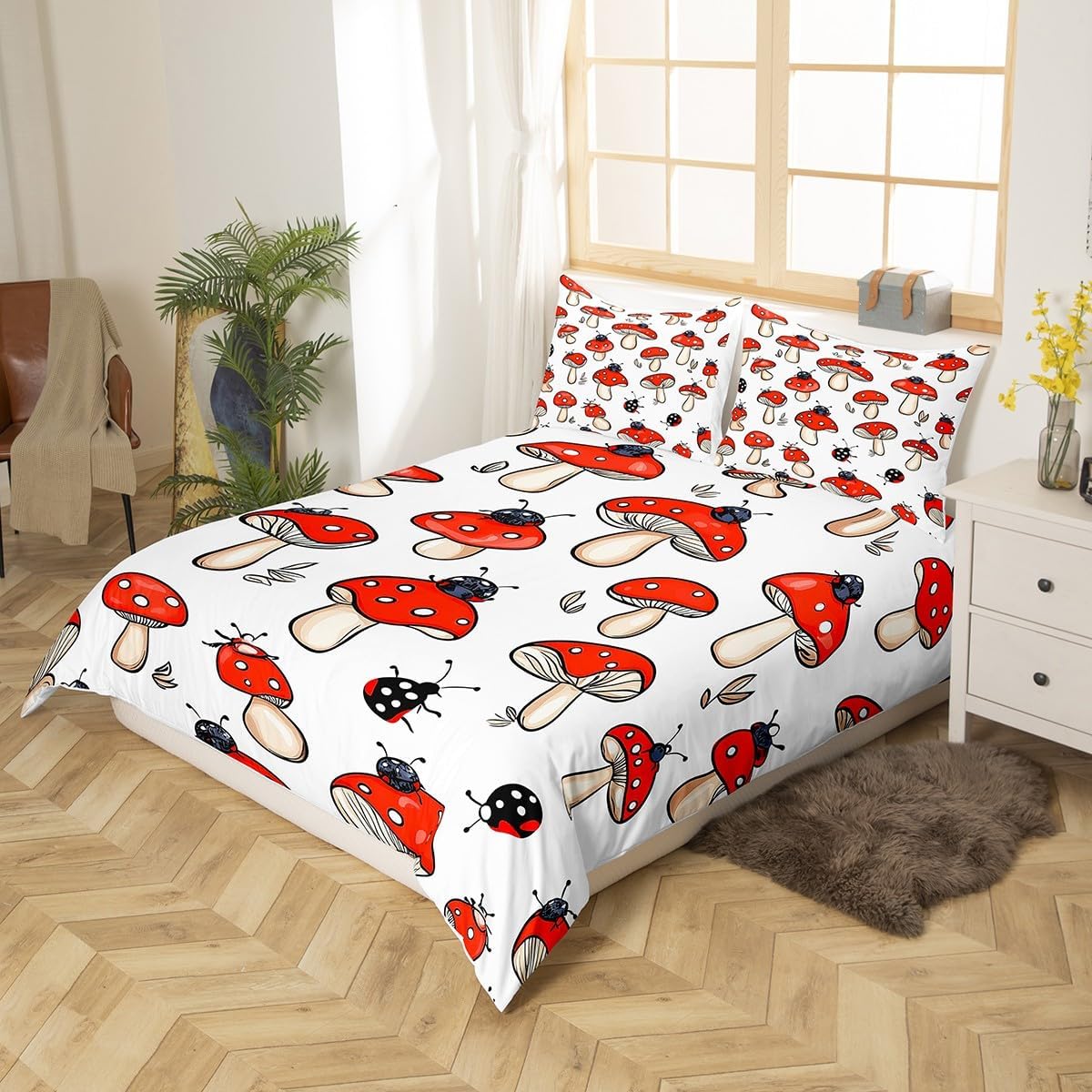 Erosebridal Cute 3D Red Mushrooms Toddler Duvet Cover, Cartoon Ladybugs Bedding Set Wild Fungus Plants Bed Sets for Boys Girls, Fairy Tale Wild Mushroom Bed Cover (Red and White)
